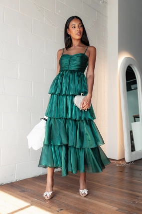 Sleek Silhouette Jace Tiered Maxi Dress - Shimmer Emerald