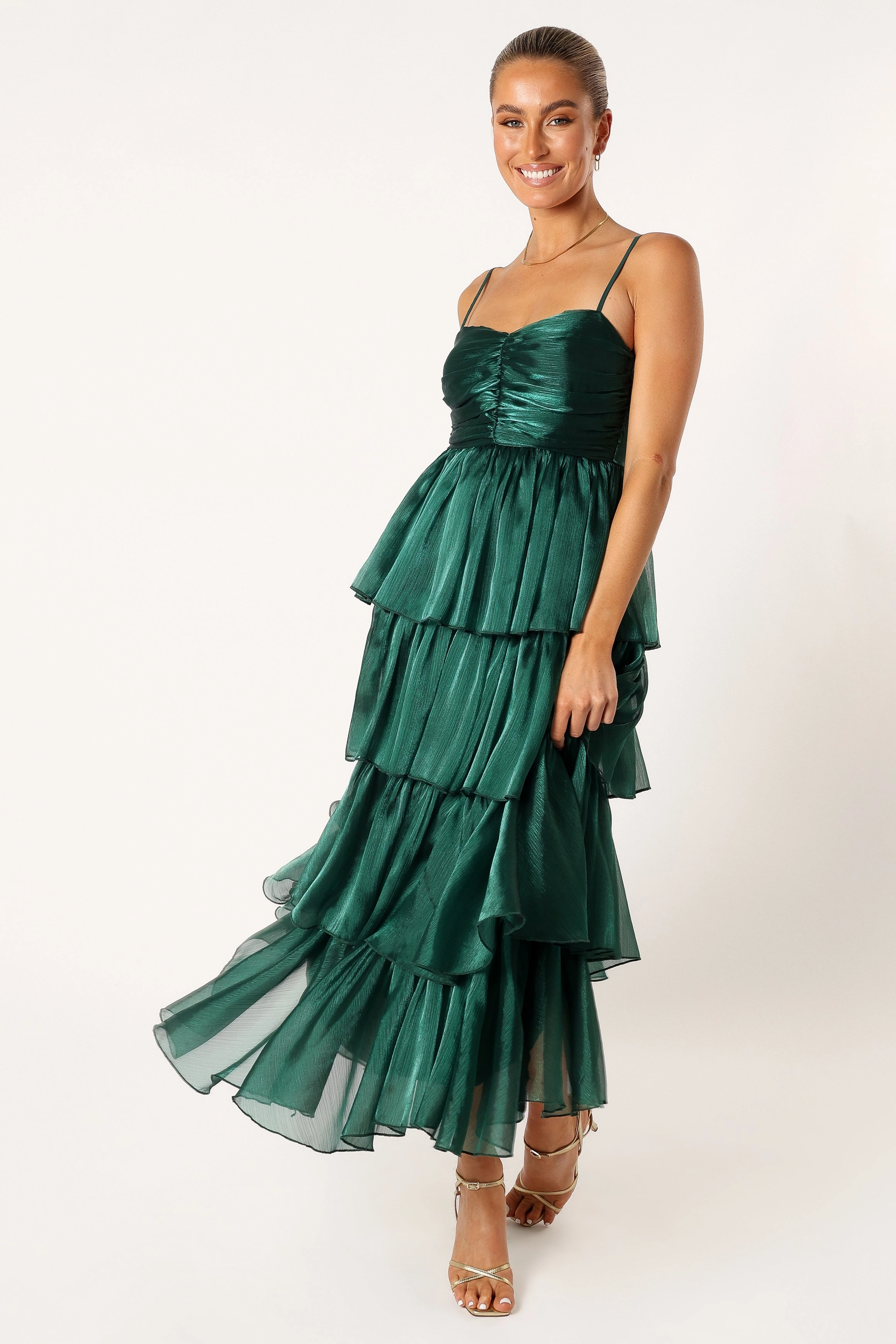 Jace Tiered Maxi Dress - Shimmer Emerald Comfy Look Pleated-Texture