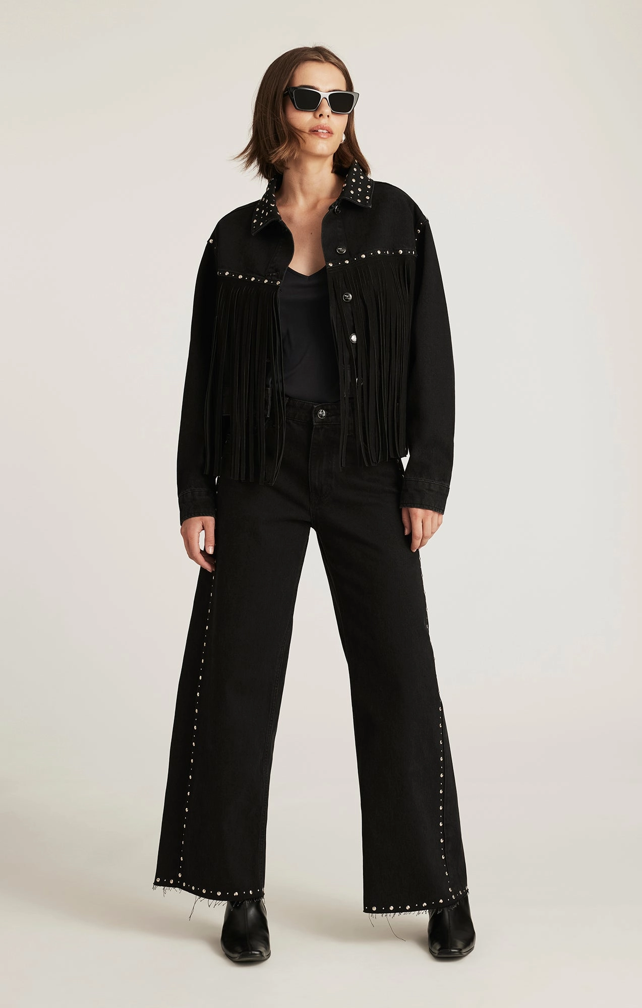 Non Irritating Lining JENNA FRINGE DENIM JACKET IN SMOKE FRINGE DENIM