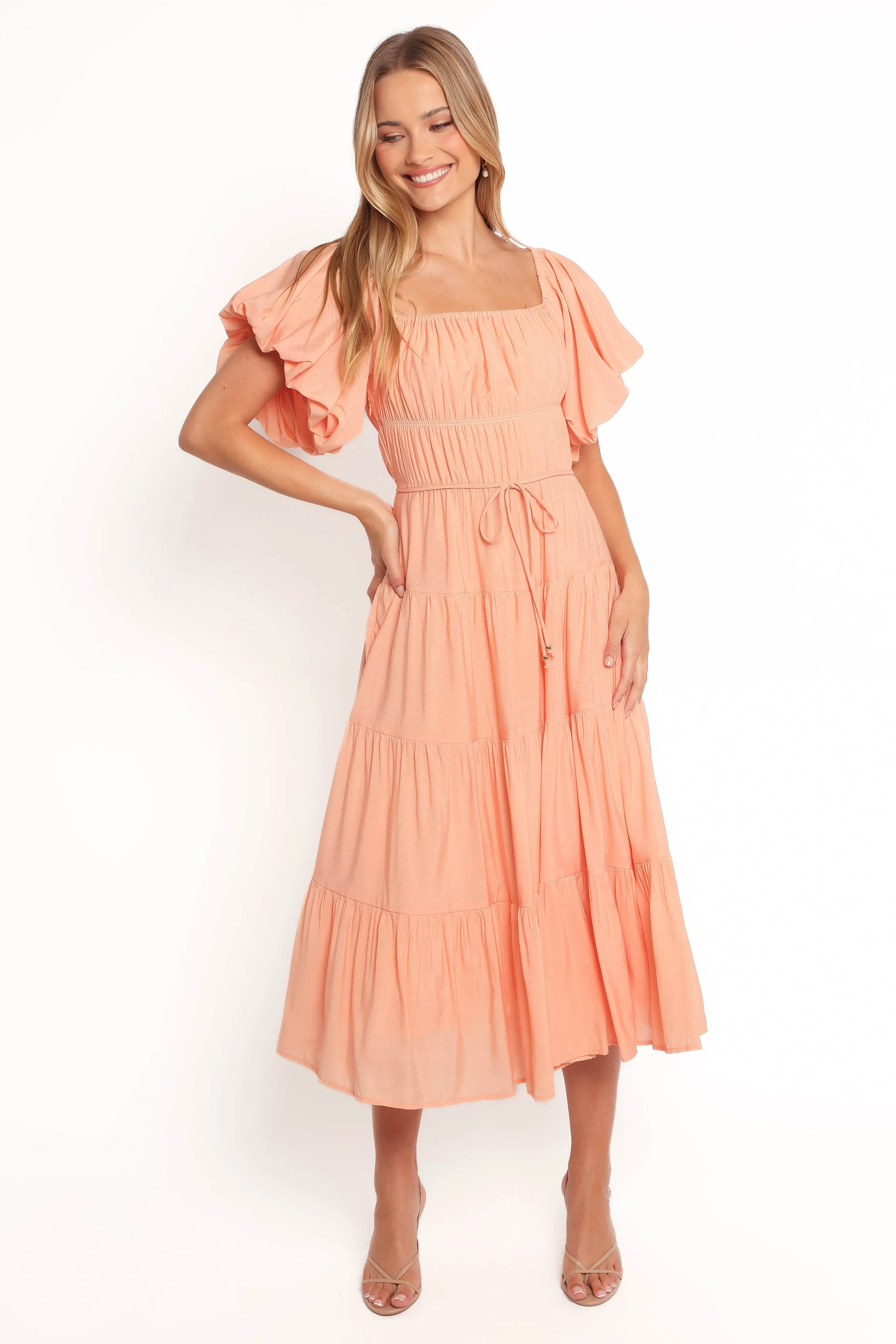 Comfort and Elegance Julie Off Shoulder Midi Dress - Peach