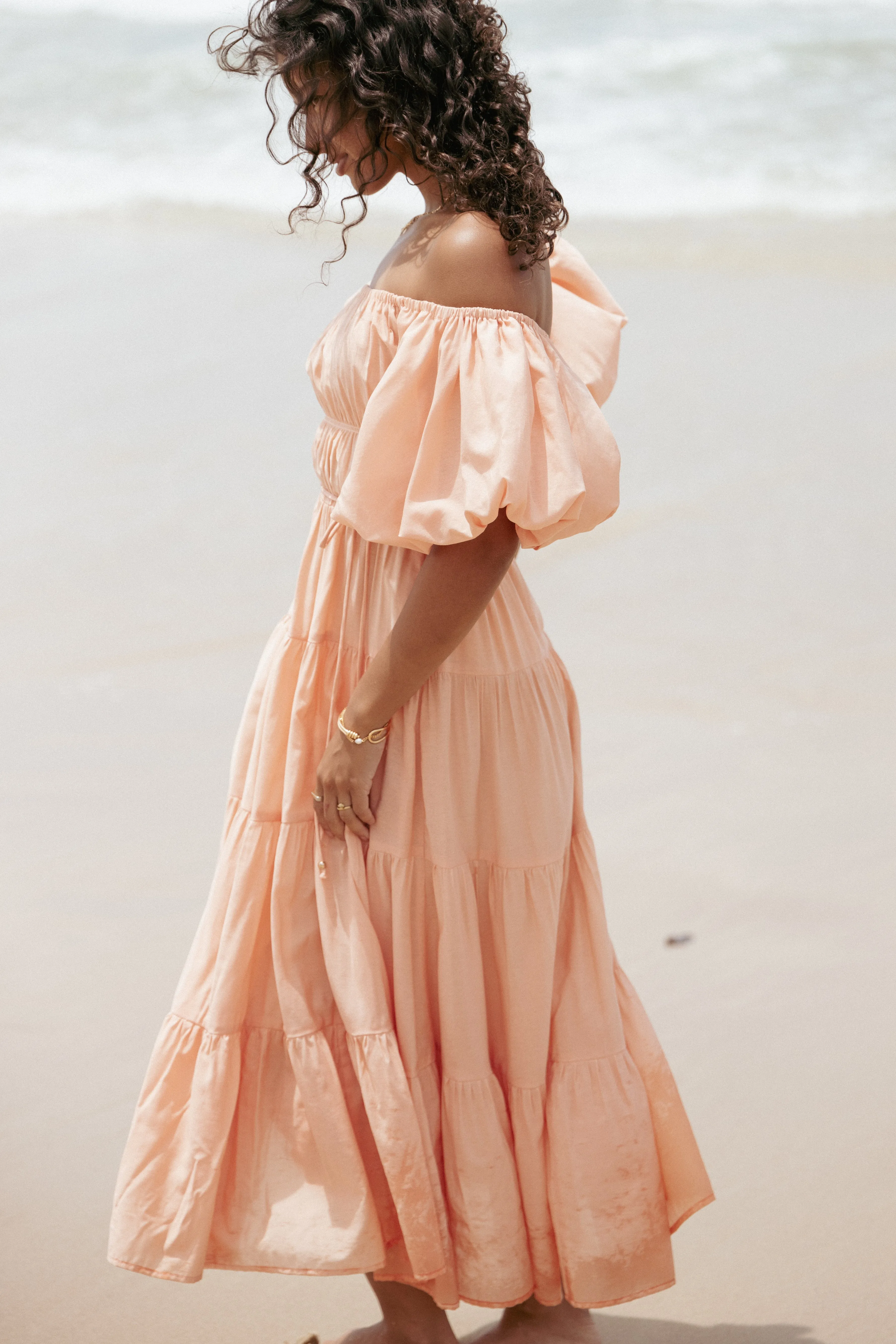 Julie Off Shoulder Midi Dress - Peach Luxe Comfort Elegant Cut