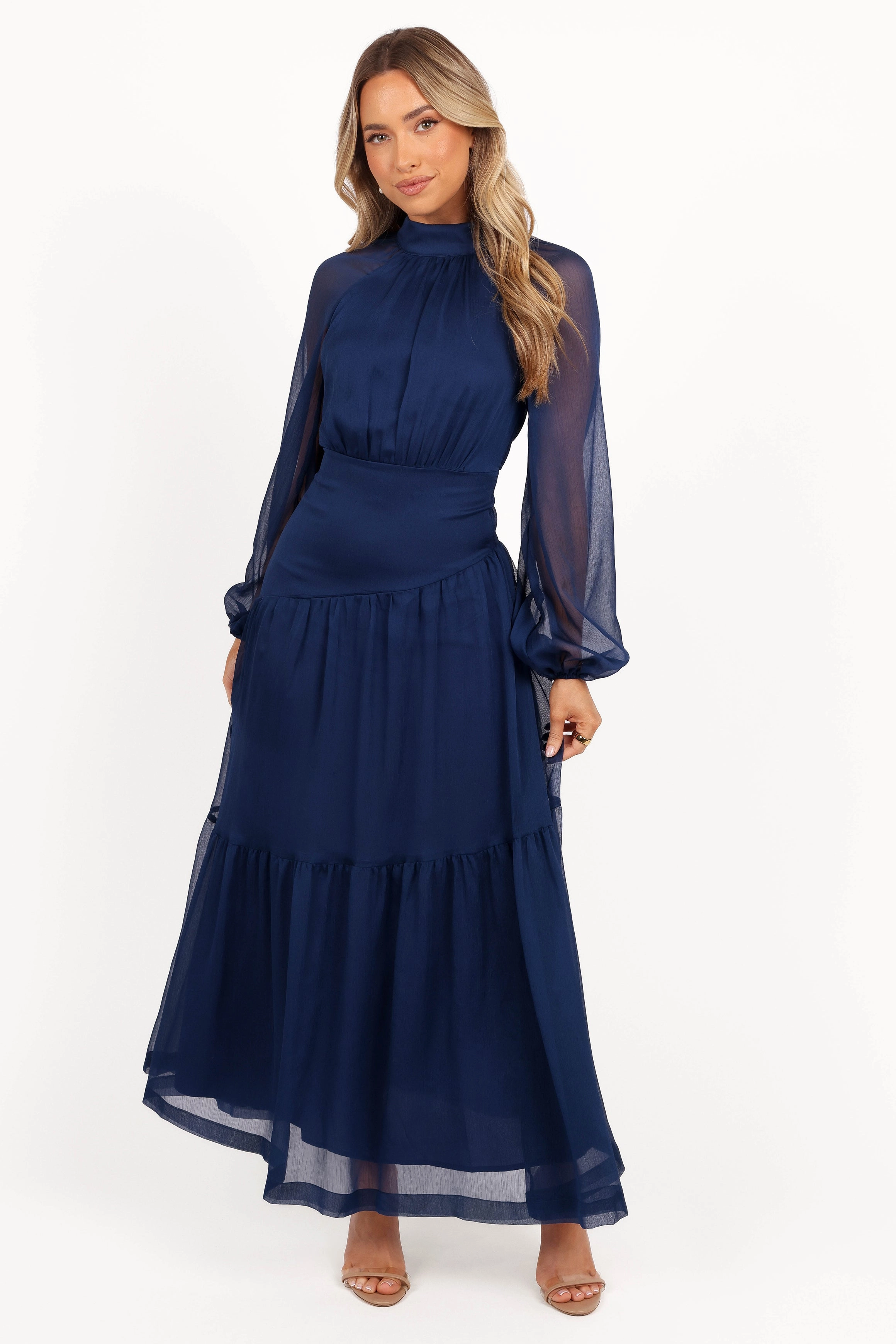 Grace Soft Trendy Wearable Julip Sheer Long Sleeve Maxi Dress - Navy