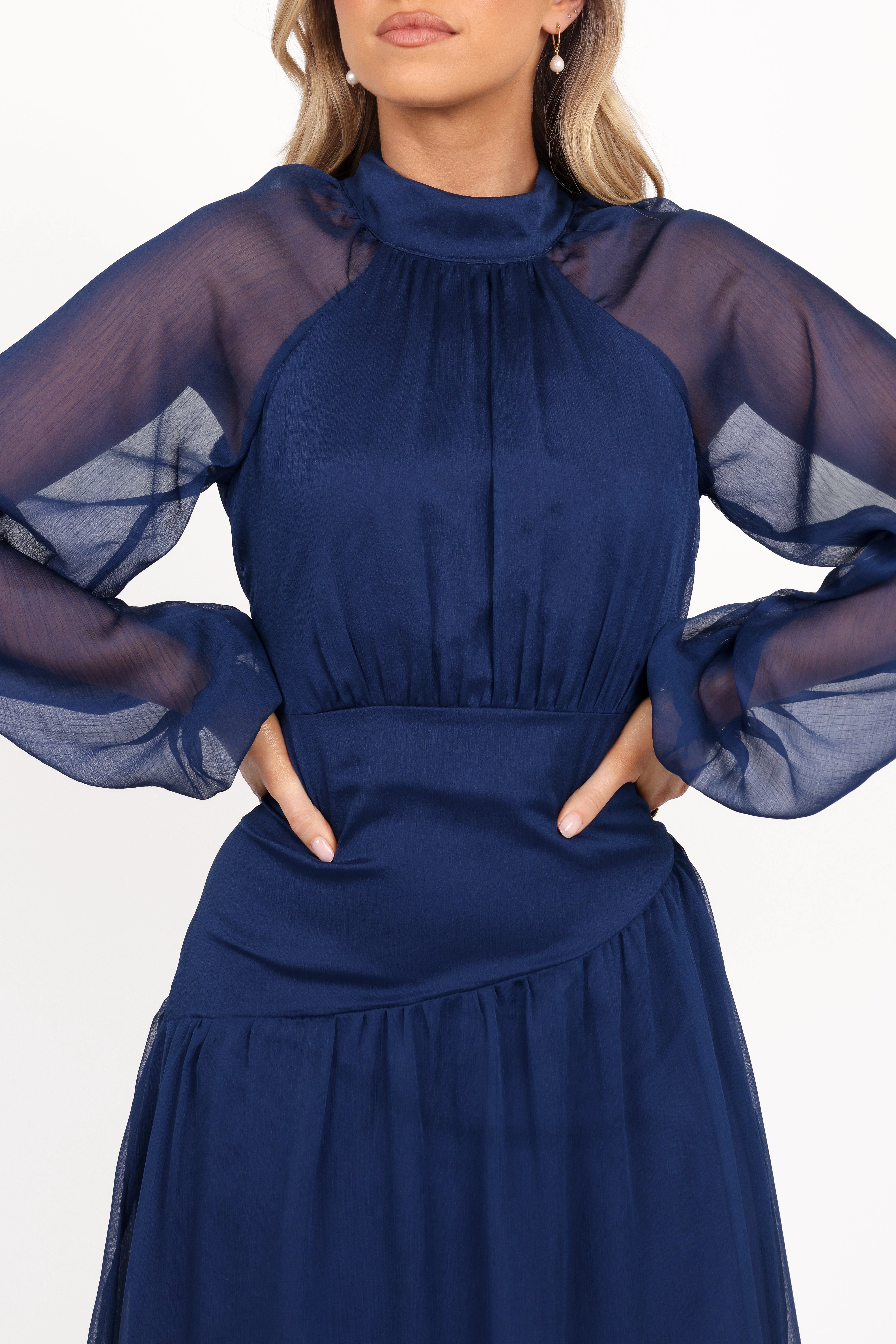 Power Soft Julip Sheer Long Sleeve Maxi Dress - Navy