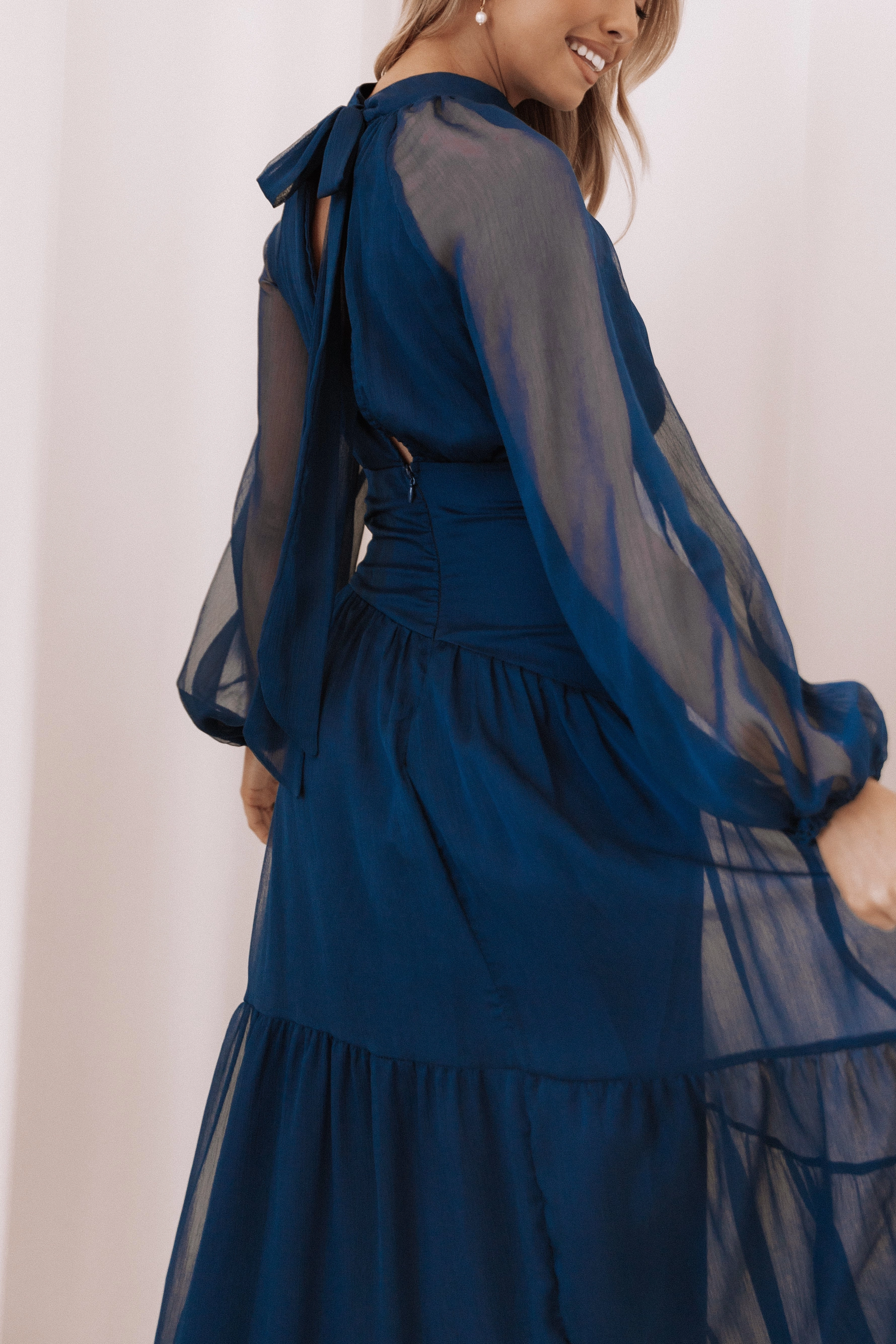 Julip Sheer Long Sleeve Maxi Dress - Navy french chic