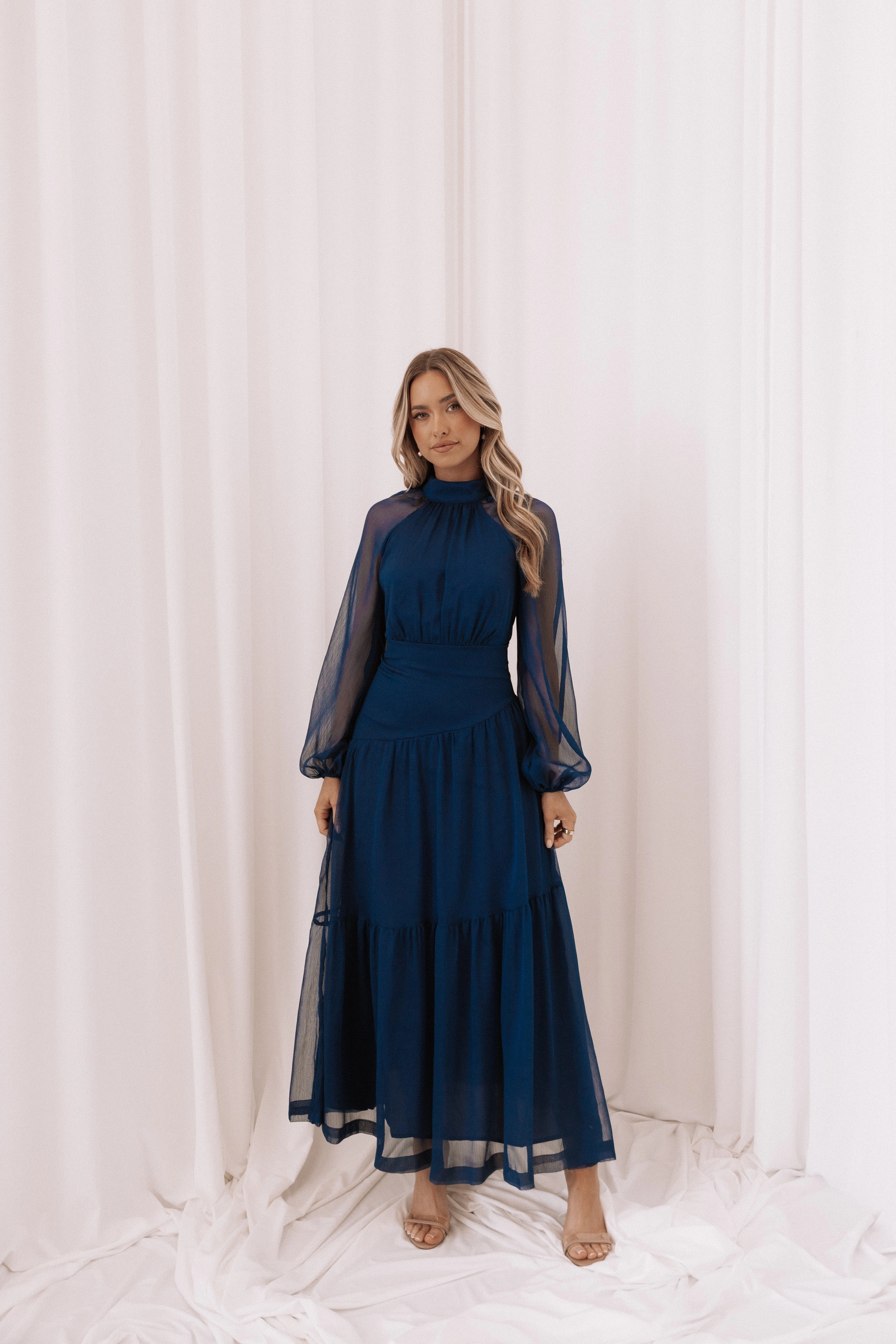 Luxe Comfort NonIrritatingLining Julip Sheer Long Sleeve Maxi Dress - Navy