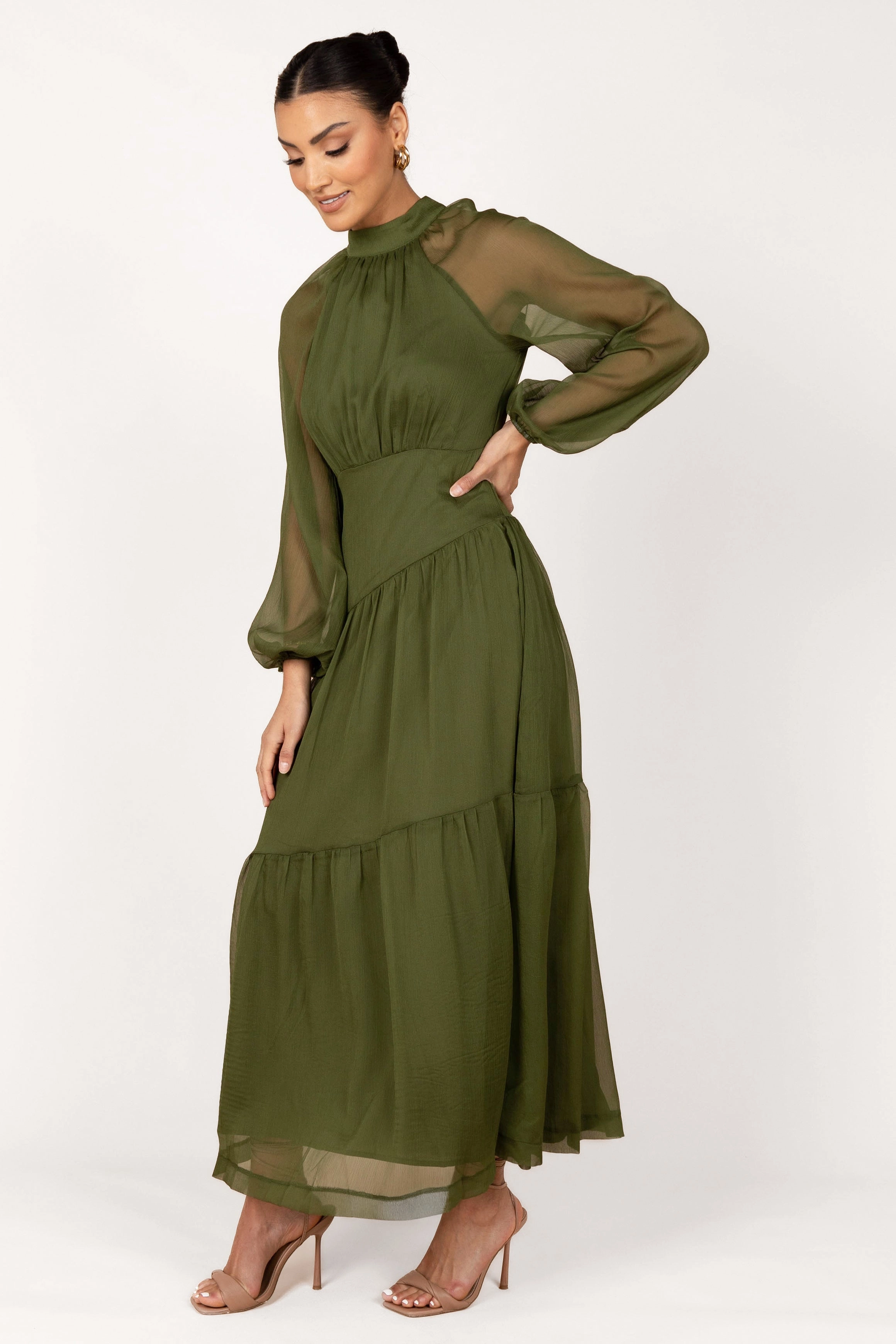 Julip Sheer Long Sleeve Maxi Dress - Olive Fashion Daily Feminine Structure