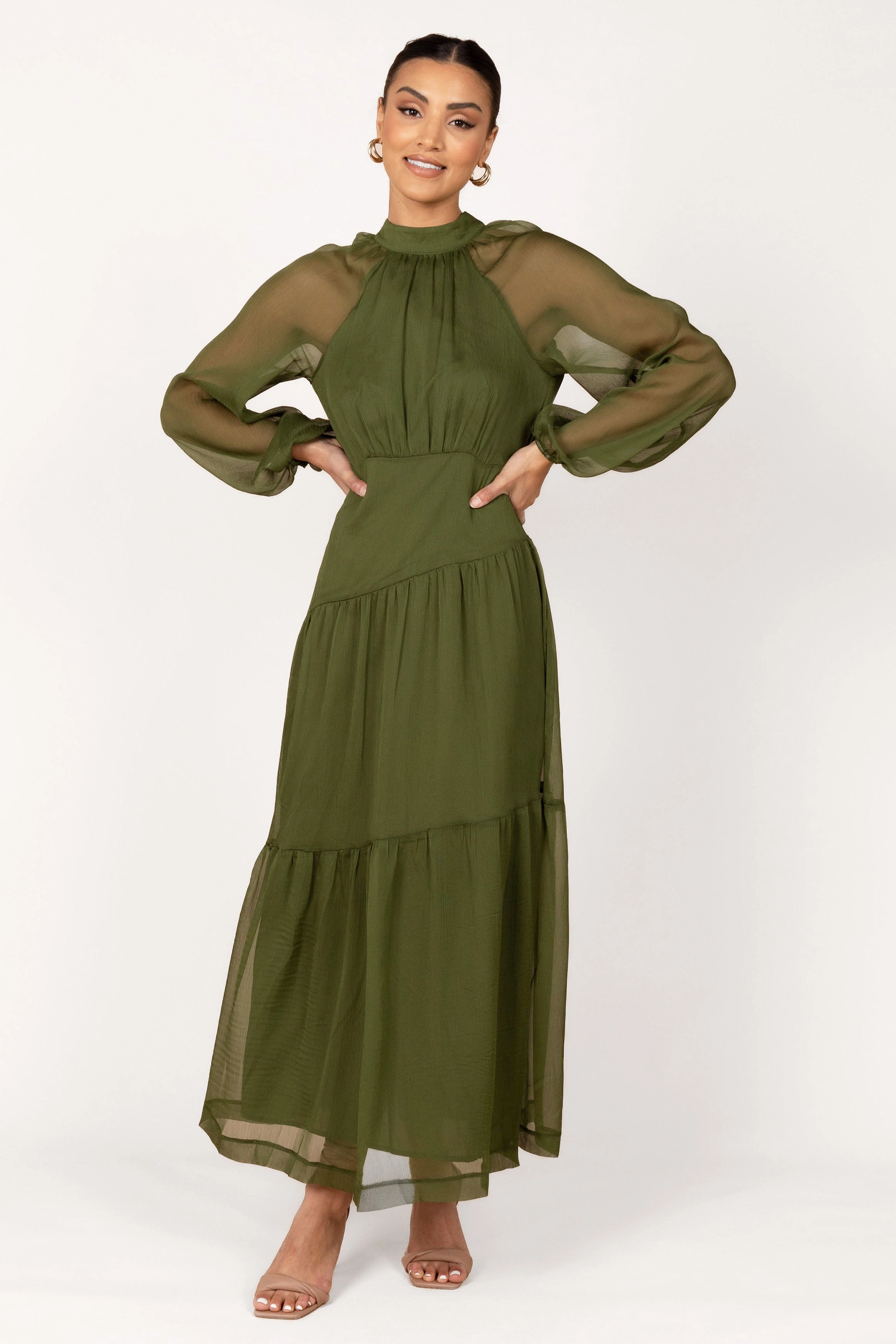 Square Neck Calm Lines Julip Sheer Long Sleeve Maxi Dress - Olive