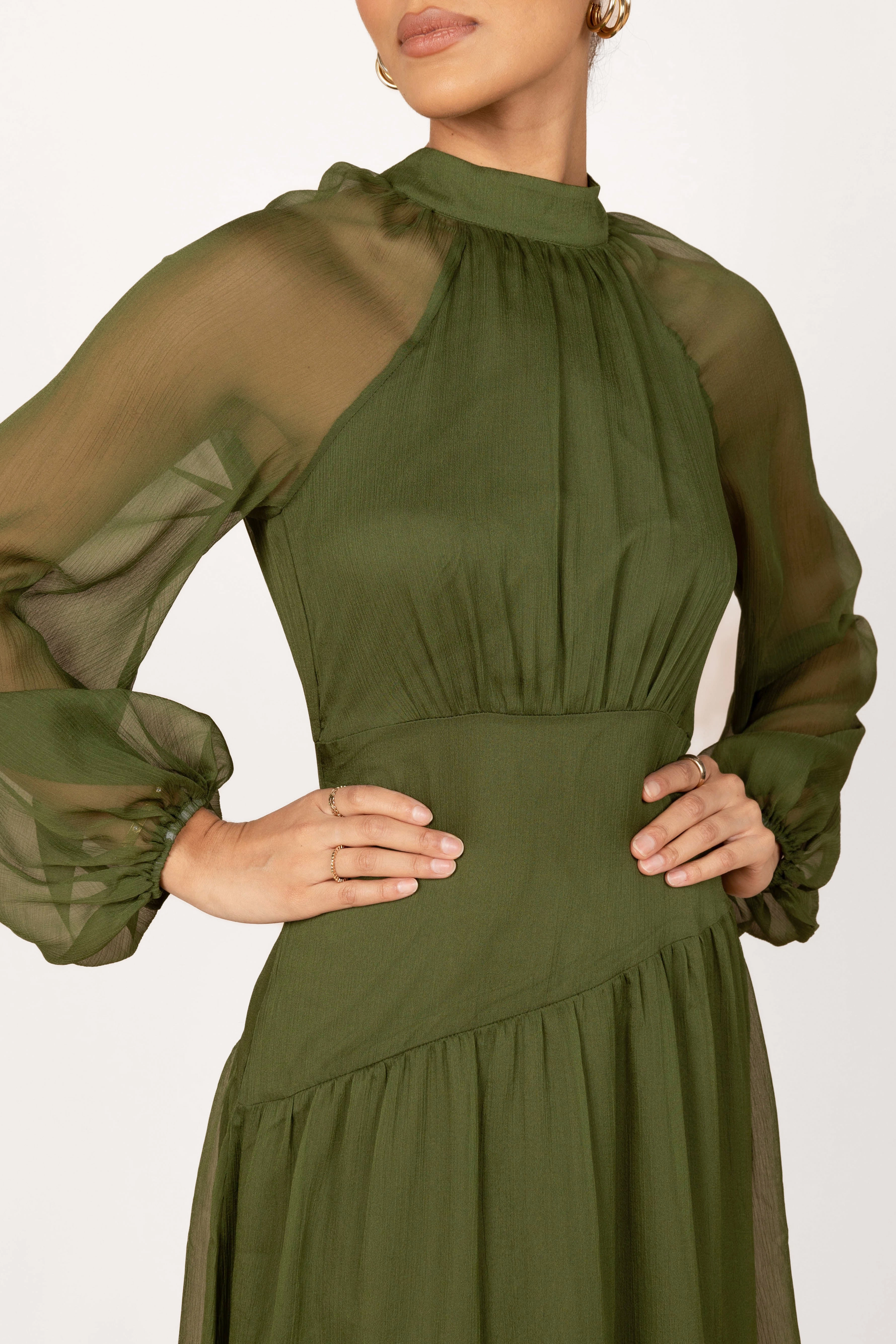 Comfort Fit Julip Sheer Long Sleeve Maxi Dress - Olive