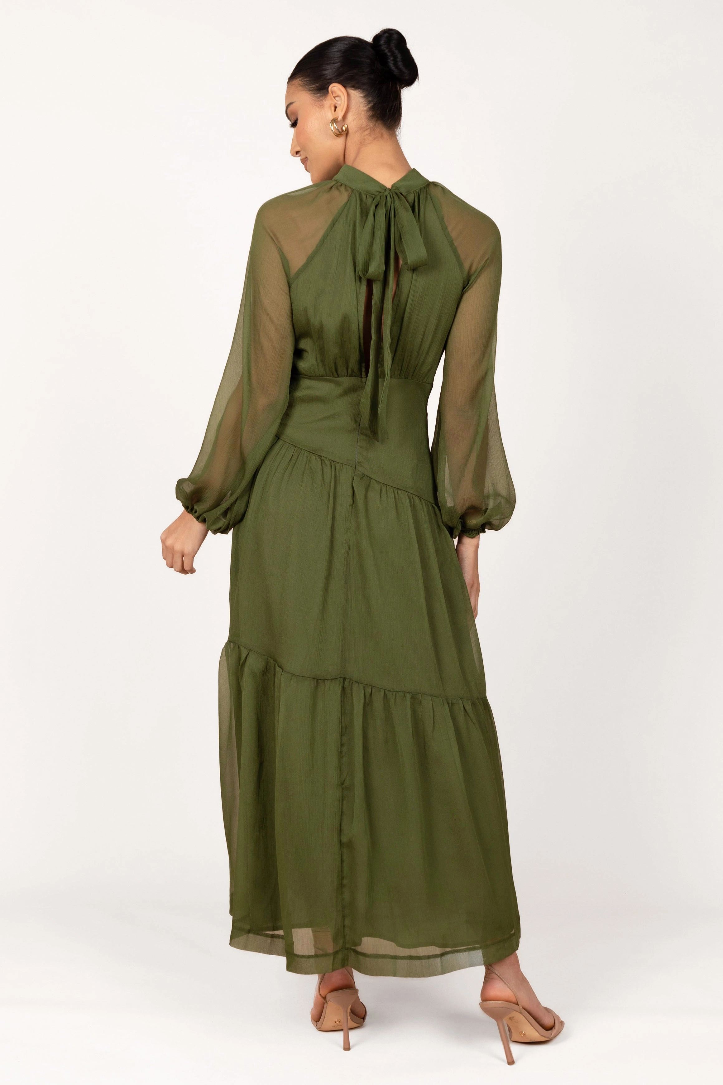 Julip Sheer Long Sleeve Maxi Dress - Olive Flower Grace