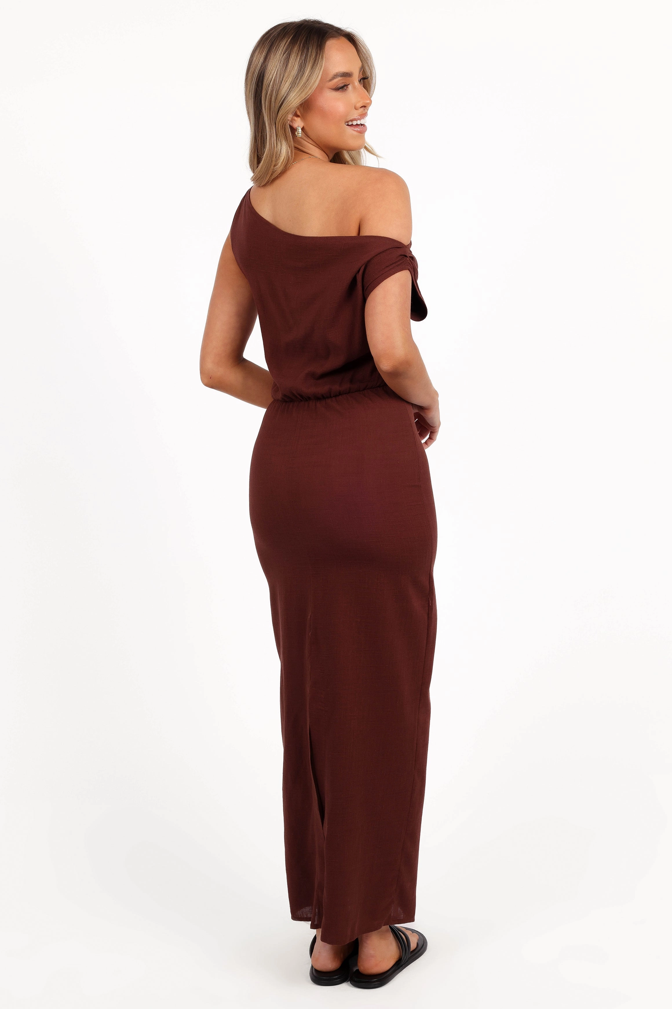Kassie Off Shoulder Dress - Chocolate Brown Trendy Layering Relaxed and Effortless