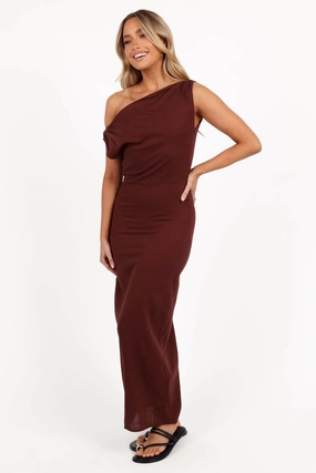 Comfortable Waist Design Flowing Fit Kassie Off Shoulder Dress - Chocolate Brown