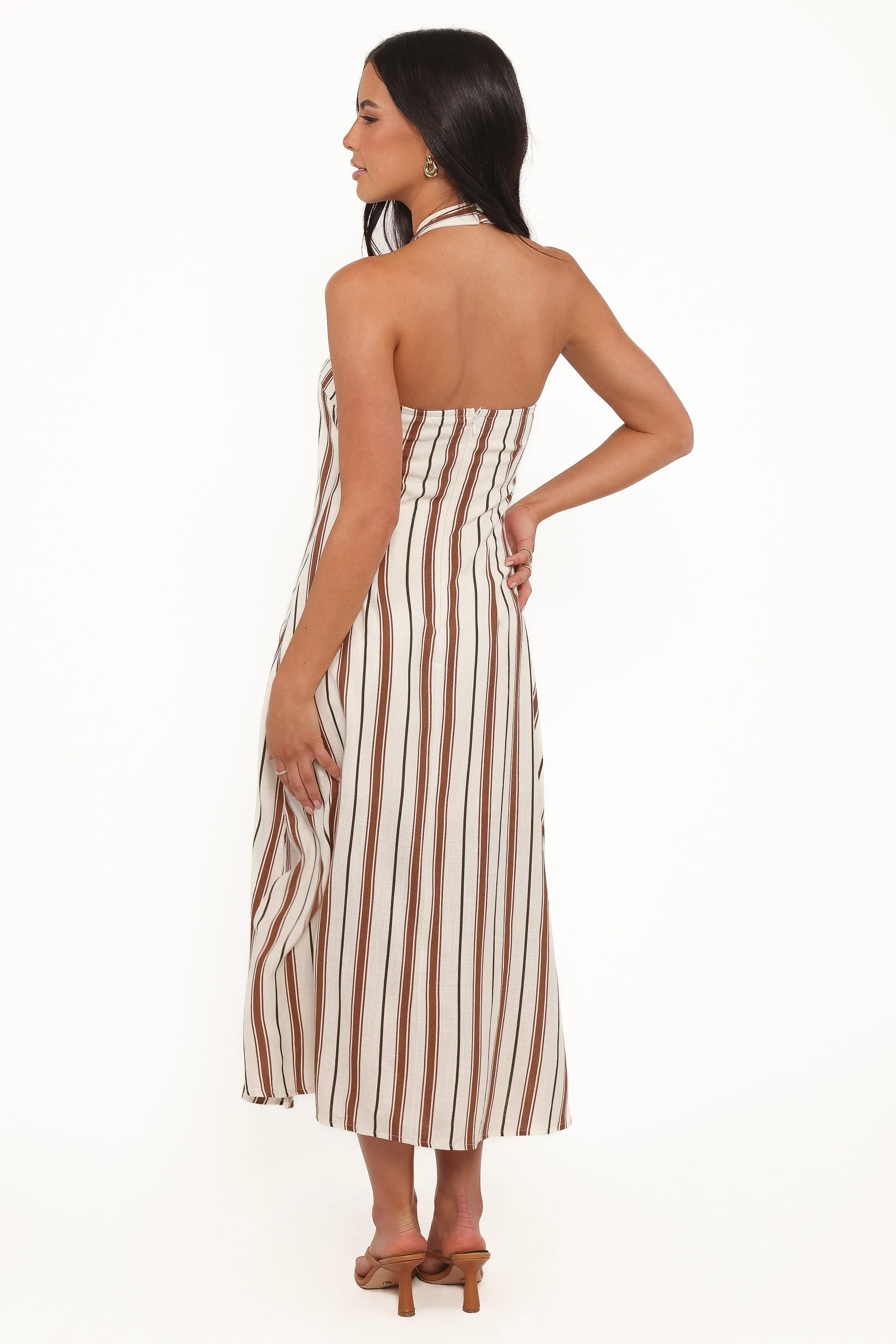 Katherine Midi Dress - Brown Stripe Perfect Wear Feminine off-the-shoulder gown
