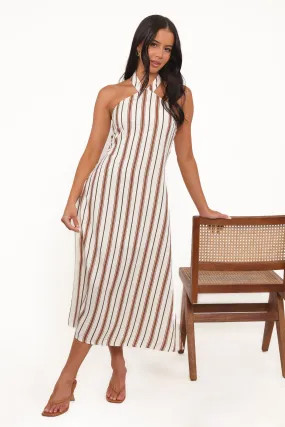 Katherine Midi Dress - Brown Stripe Classic Vibe Sophisticated Edge