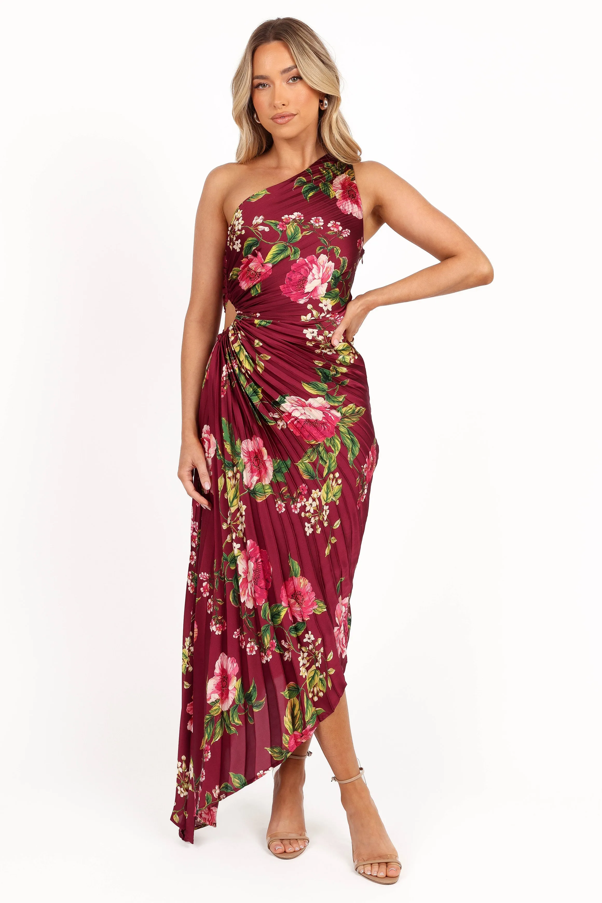 flowy style Gentle Texture Kleo One Shoulder Maxi Dress - Burgundy Floral