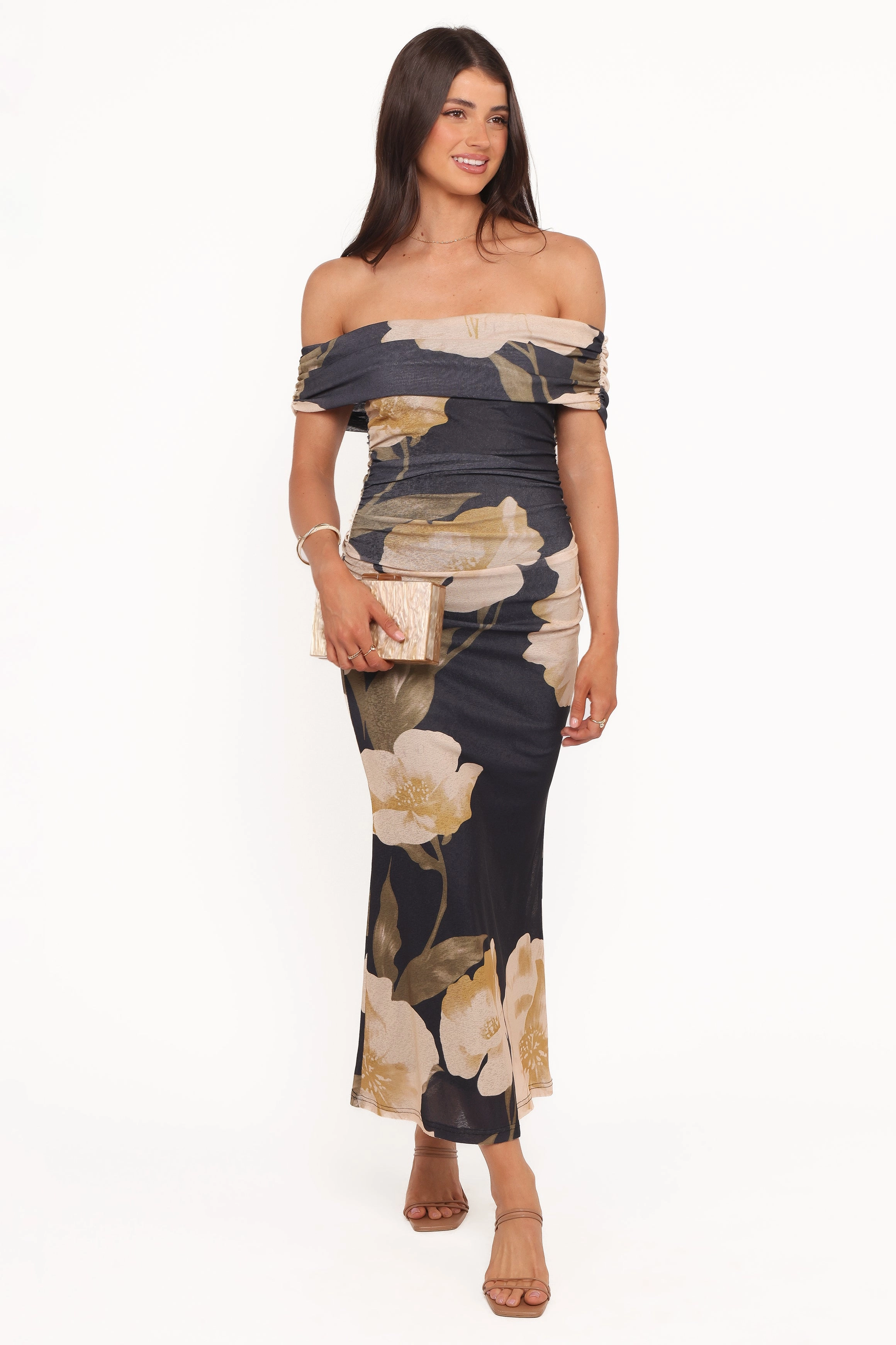 Koda Off Shoulder Midi Dress - Black Floral Classic-style Sculpted Detail