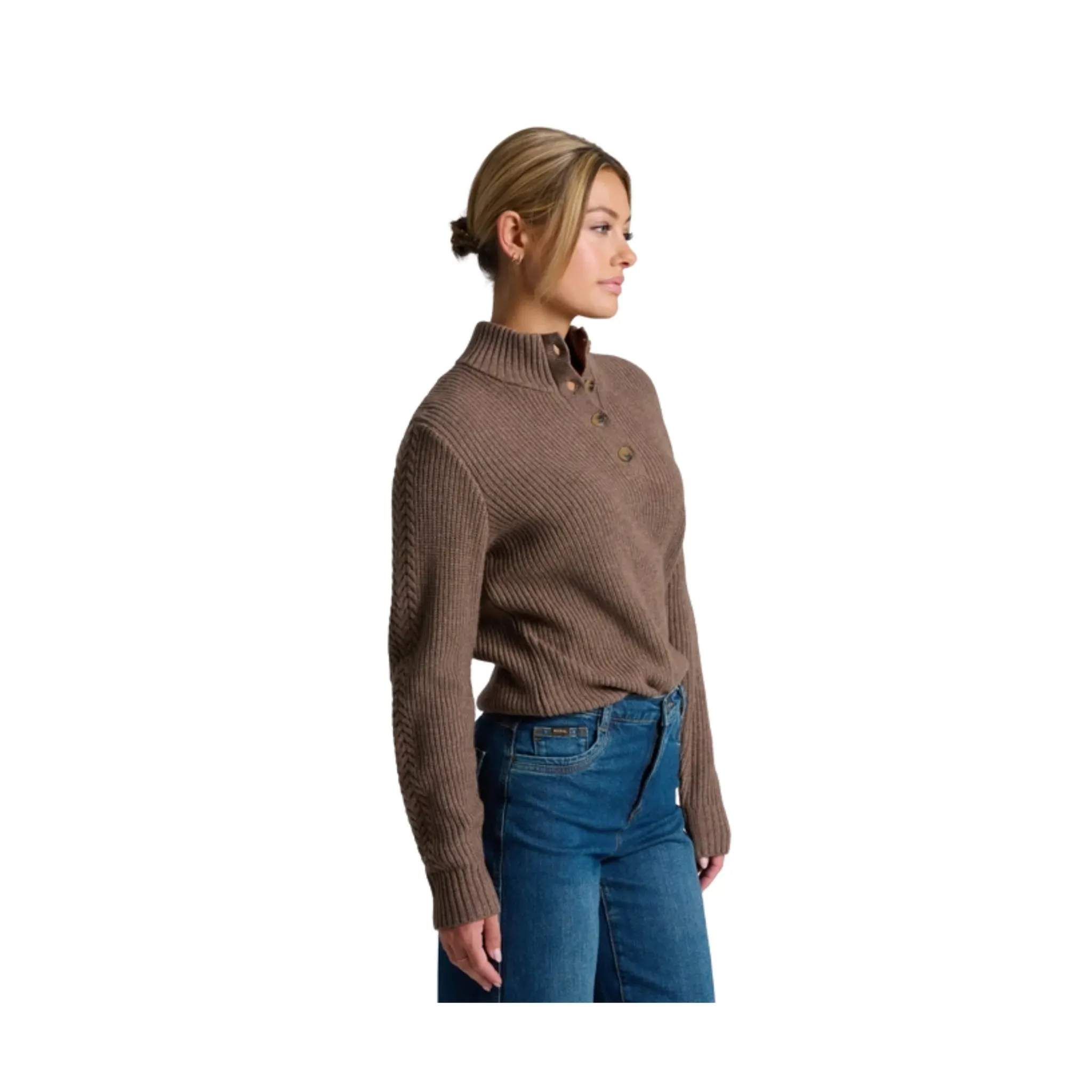 product brand name recognition Kuhl Women's Fireside Henley Sweater - Coffee