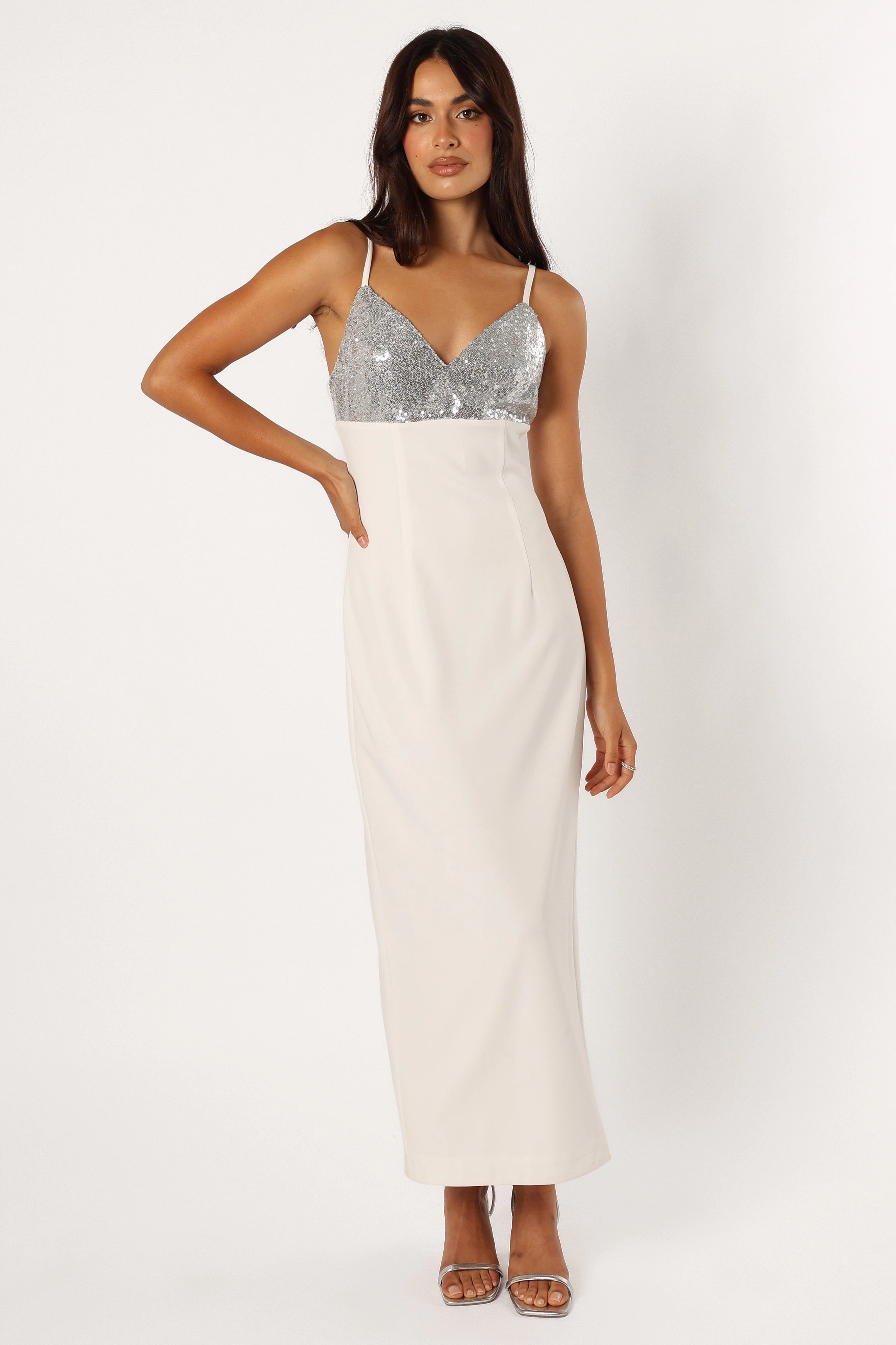 Draped Silhouette Soft Pleats Kylie Slip Dress - White Silver