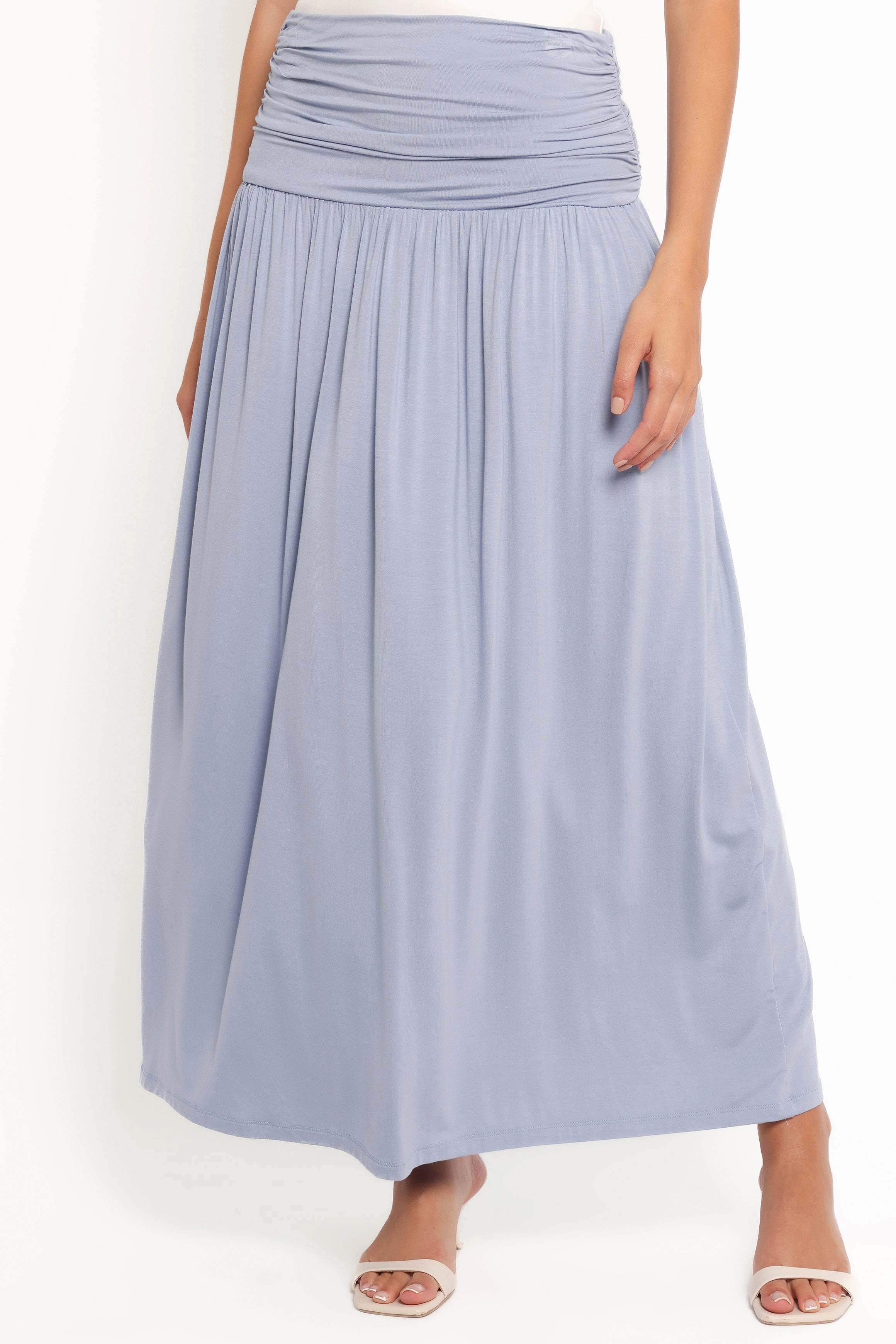 Durable Hem Lavia Ruched Knit Maxi Skirt - Soft Blue
