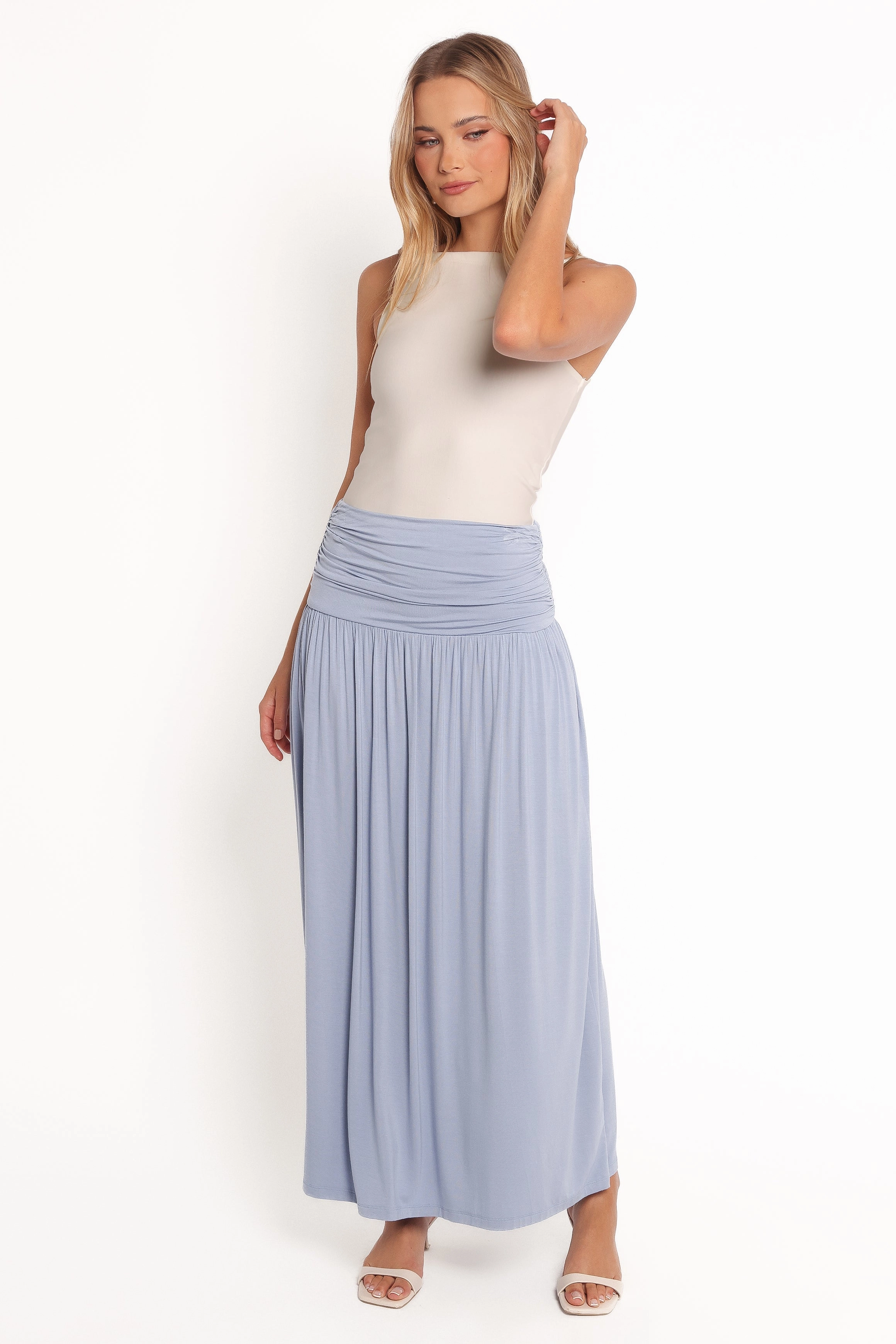 Outfit Ideas Breezy Edge Lavia Ruched Knit Maxi Skirt - Soft Blue