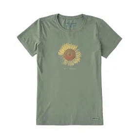 Life Is Good Women's Hello Sunshine Sunflower Short Sleeve Crusher Tee - Moss Interlock Stitch Detail Flexible Hemline