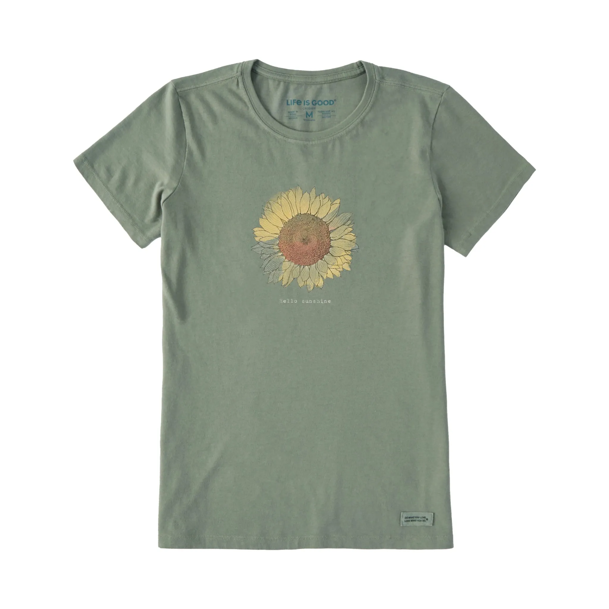 Stretch Fit Engineering Drop Shoulder Design Life Is Good Women's Hello Sunshine Sunflower Short Sleeve Crusher Tee - Moss
