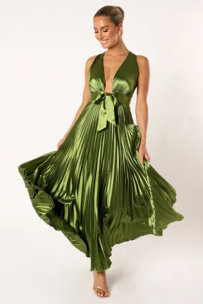 Kris Pleated Maxi Dress - Martini Olive Sleek long-sleeve dress Ready Glow