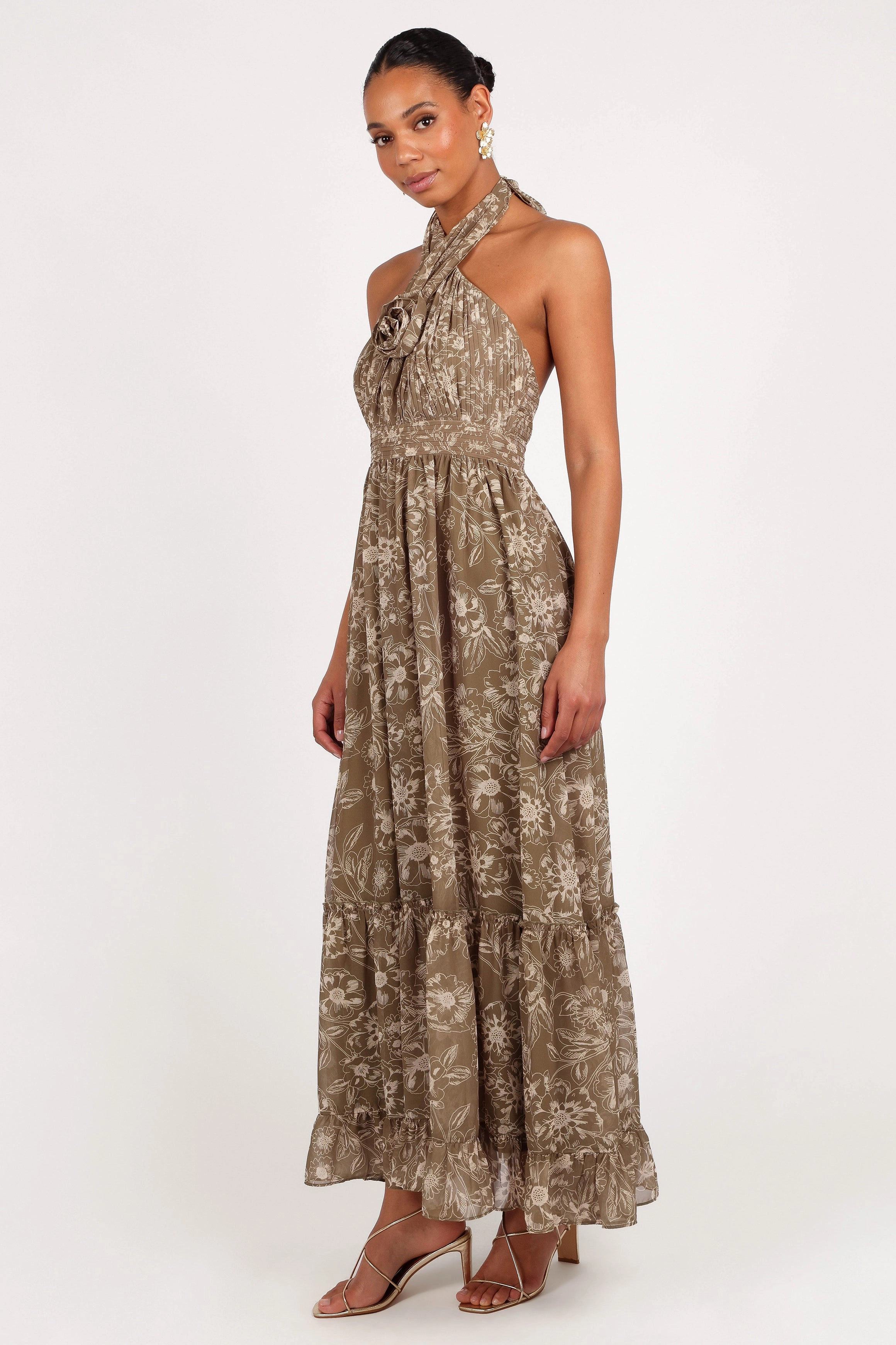 Shimmer-Finish Sister Glow Lennon Halterneck Maxi Dress - Olive Floral