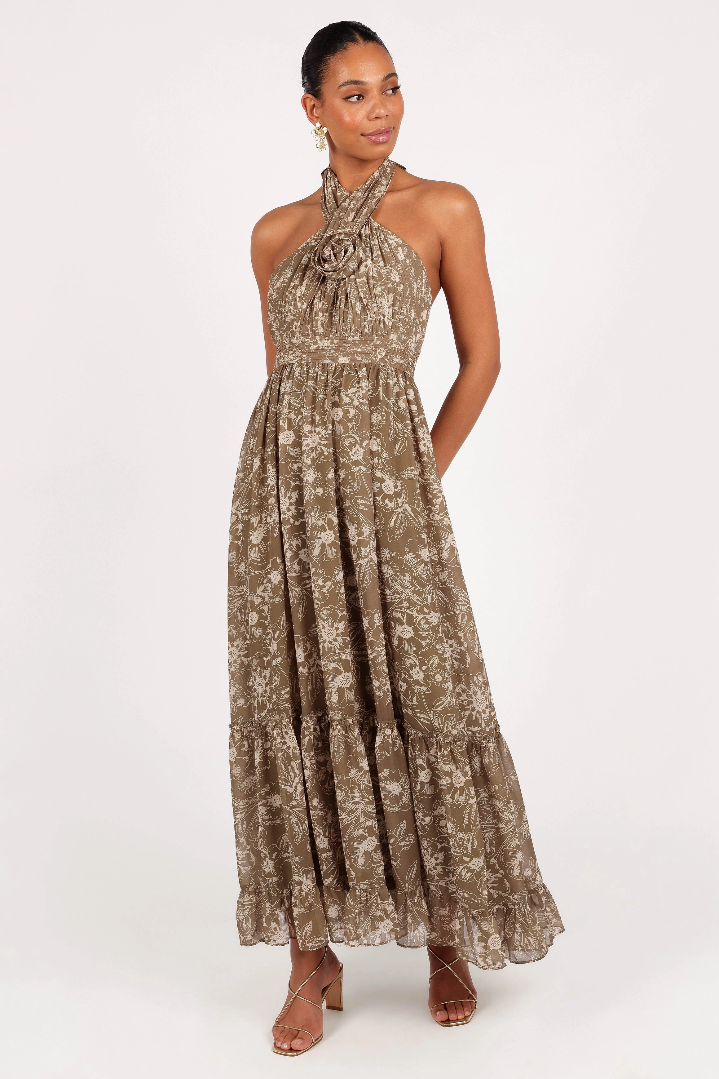Flow Ready Lennon Halterneck Maxi Dress - Olive Floral