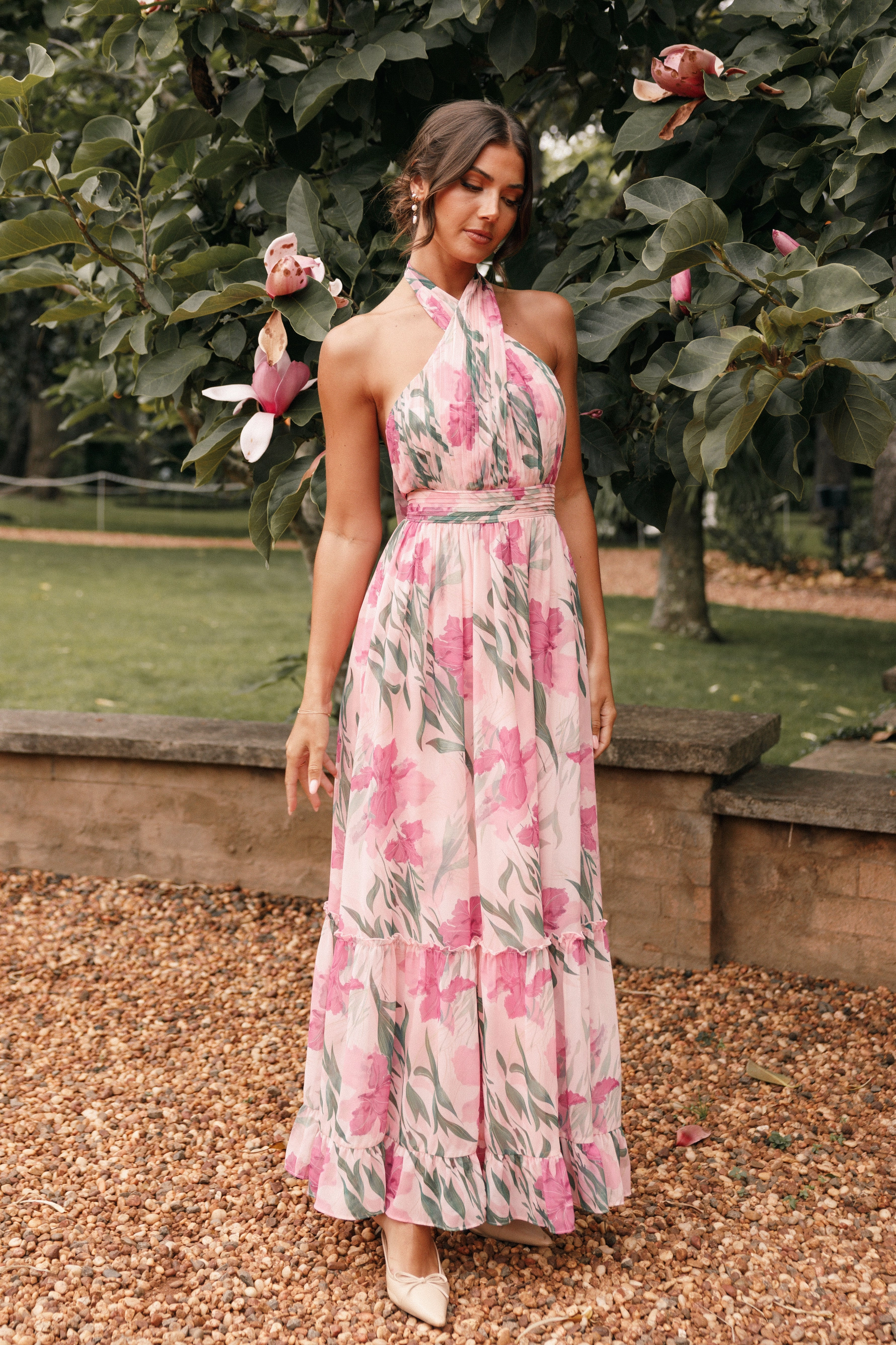 Lennon Halterneck Maxi Dress - Pink Floral Work Fit