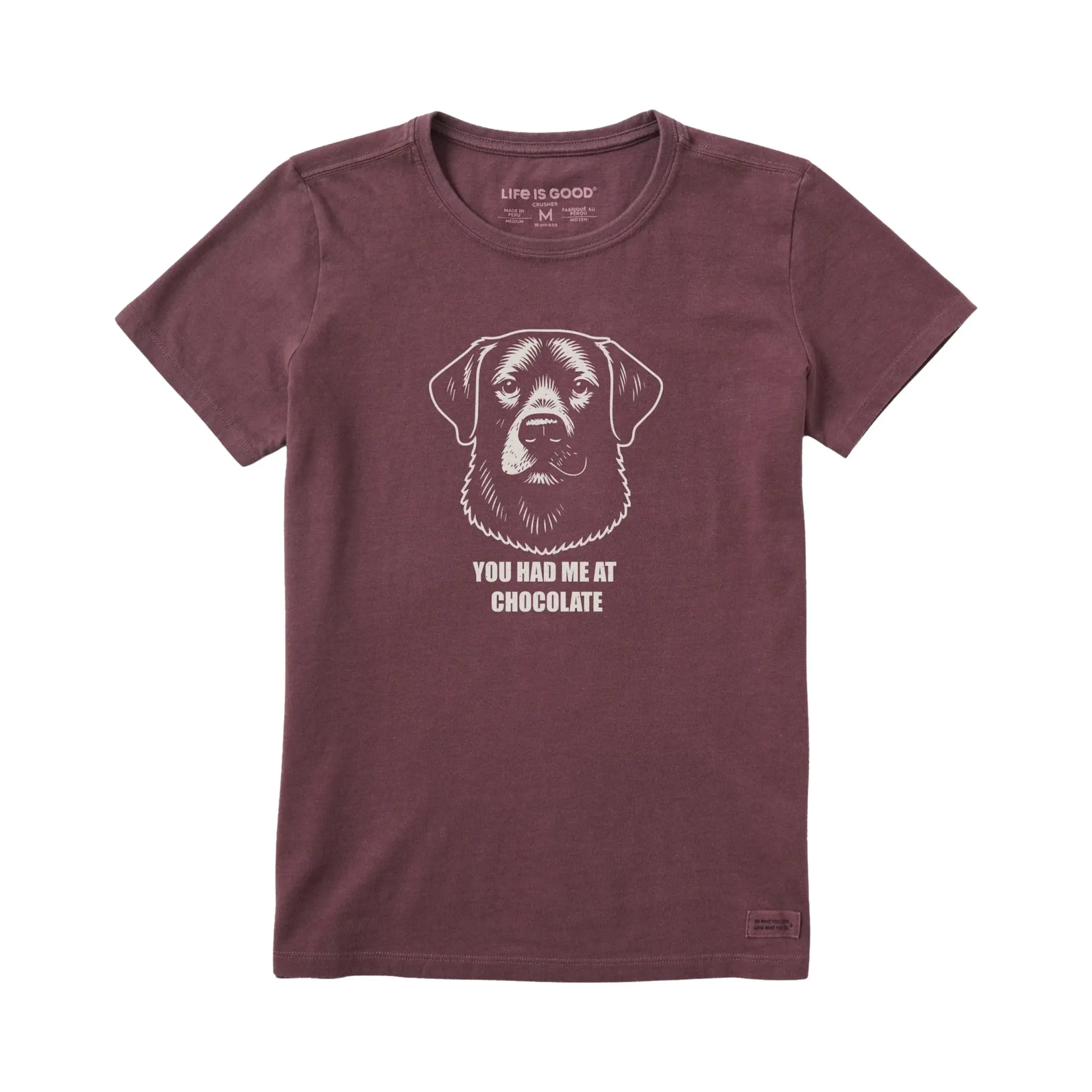 Wrinkle Resistant Treatment StretchableKnit Life Is Good Women's Bert's You Had Me at Chocolate Lab Short Sleeve Crusher Tee - Mahogany Brown