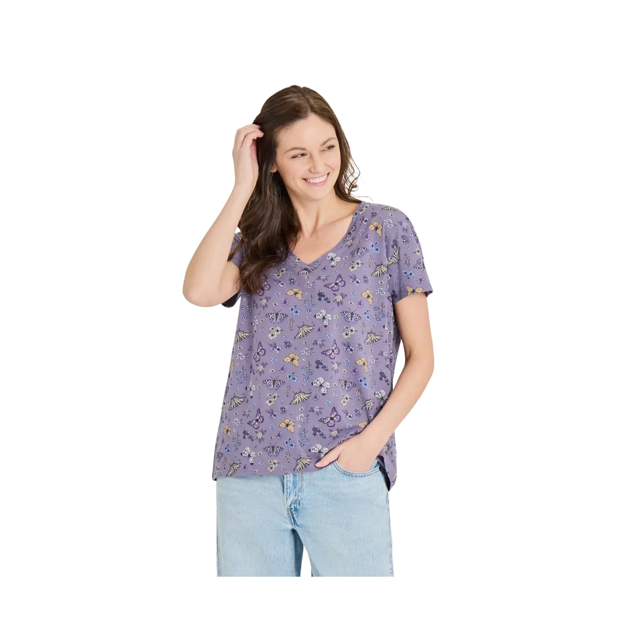 CroppedLength Life Is Good Women's Butterfly Garden Pattern Crusher Lite Easy Vee - Dusk Purple