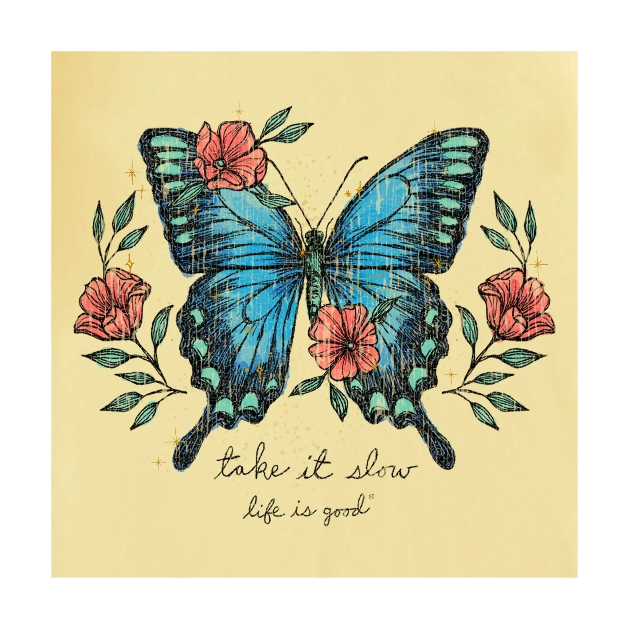 Life Is Good Women's Butterfly Take It Slow Short Sleeve Vee - Sandy Yellow StretchMaterial summer look