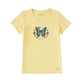 Stylish Jacket Interlock Stitching Life Is Good Women's Butterfly Take It Slow Short Sleeve Vee - Sandy Yellow