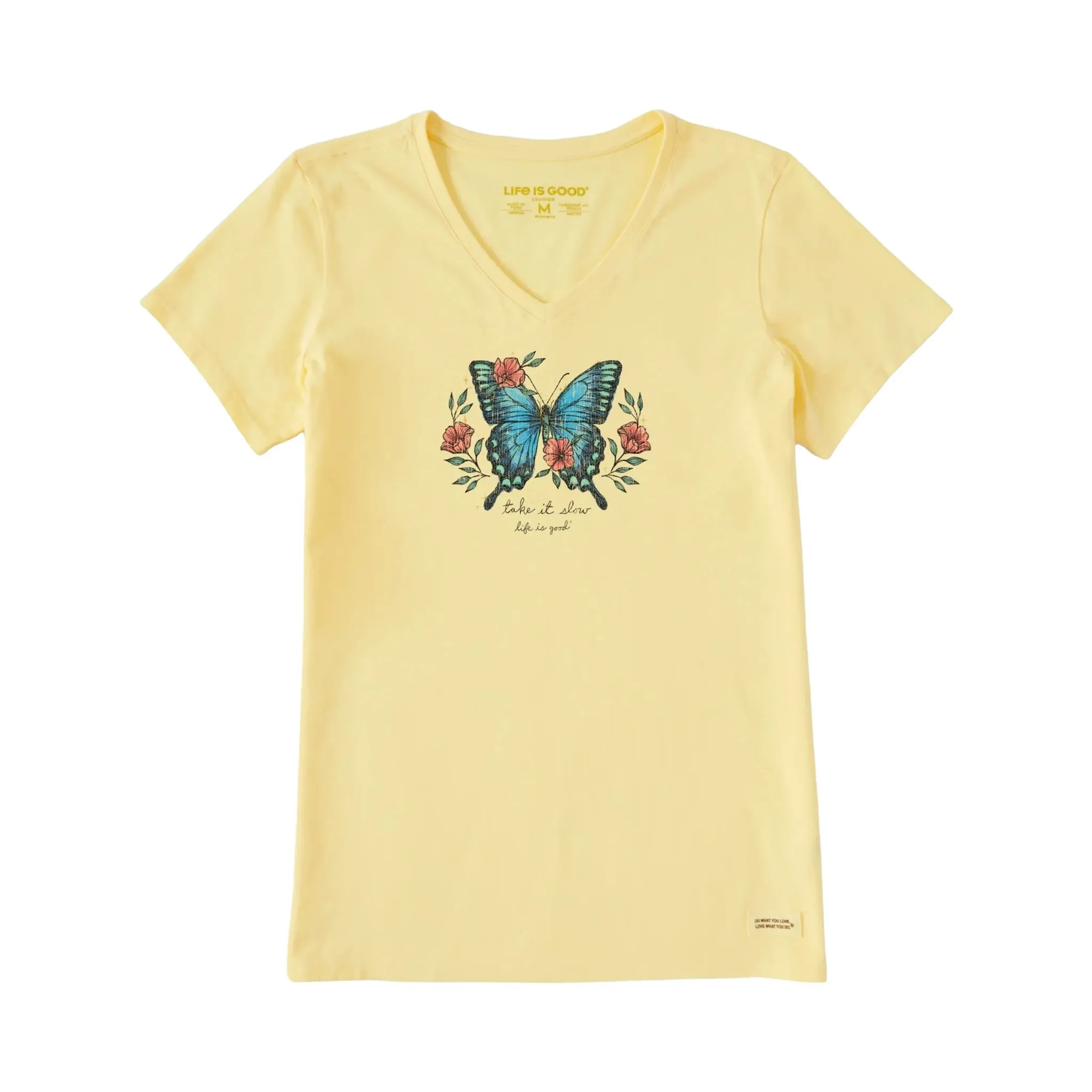 AbrasionResistant Fabric EasyCareFabric Life Is Good Women's Butterfly Take It Slow Short Sleeve Vee - Sandy Yellow