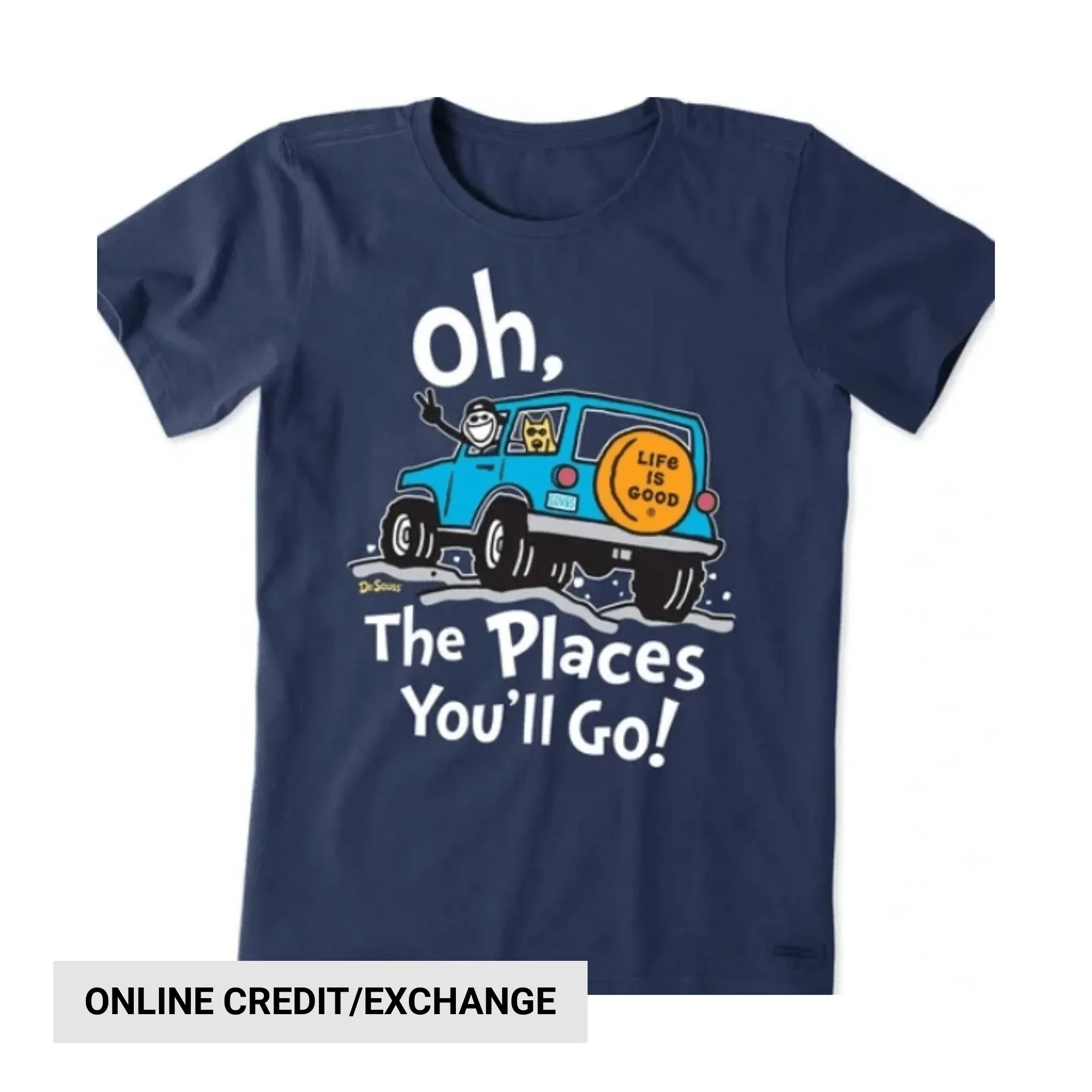 Life Is Good Women's Dr. Seuss Oh The Places You'll Go Crusher Tee - Darkest Blue stain resistant coating CrossGrain Fabric