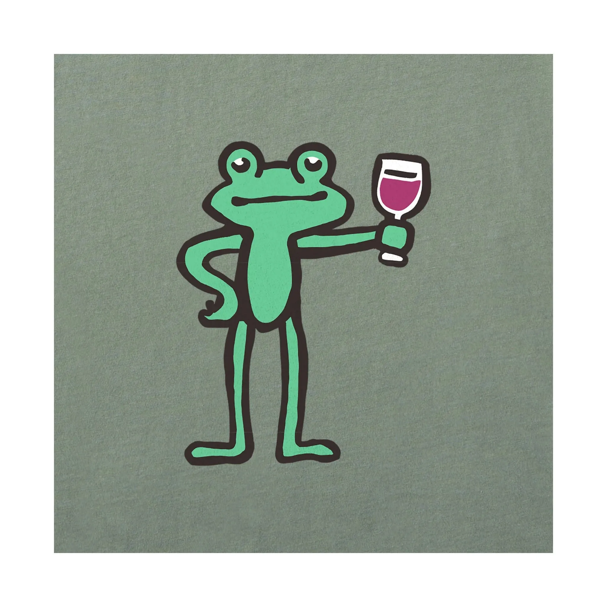 Foldable Cuff Design MultiPanelConstruction Life Is Good Women's Frog With Wine Short Sleeve Crusher Tee - Moss Green