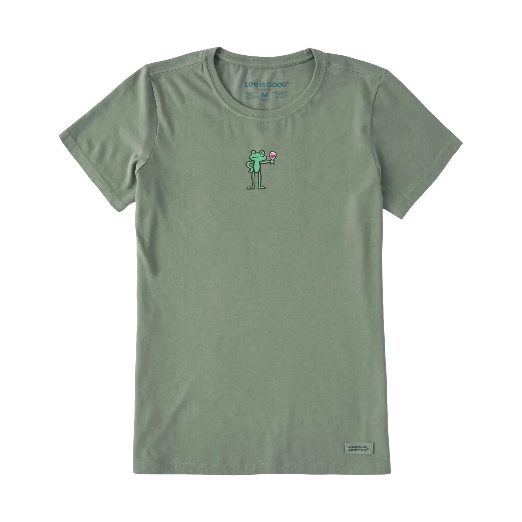 Life Is Good Women's Frog With Wine Short Sleeve Crusher Tee - Moss Green TumbleDryFriendlyMaterial