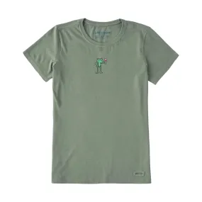 Life Is Good Women's Frog With Wine Short Sleeve Crusher Tee - Moss Green Double Needle Stitching FourWay Stretch