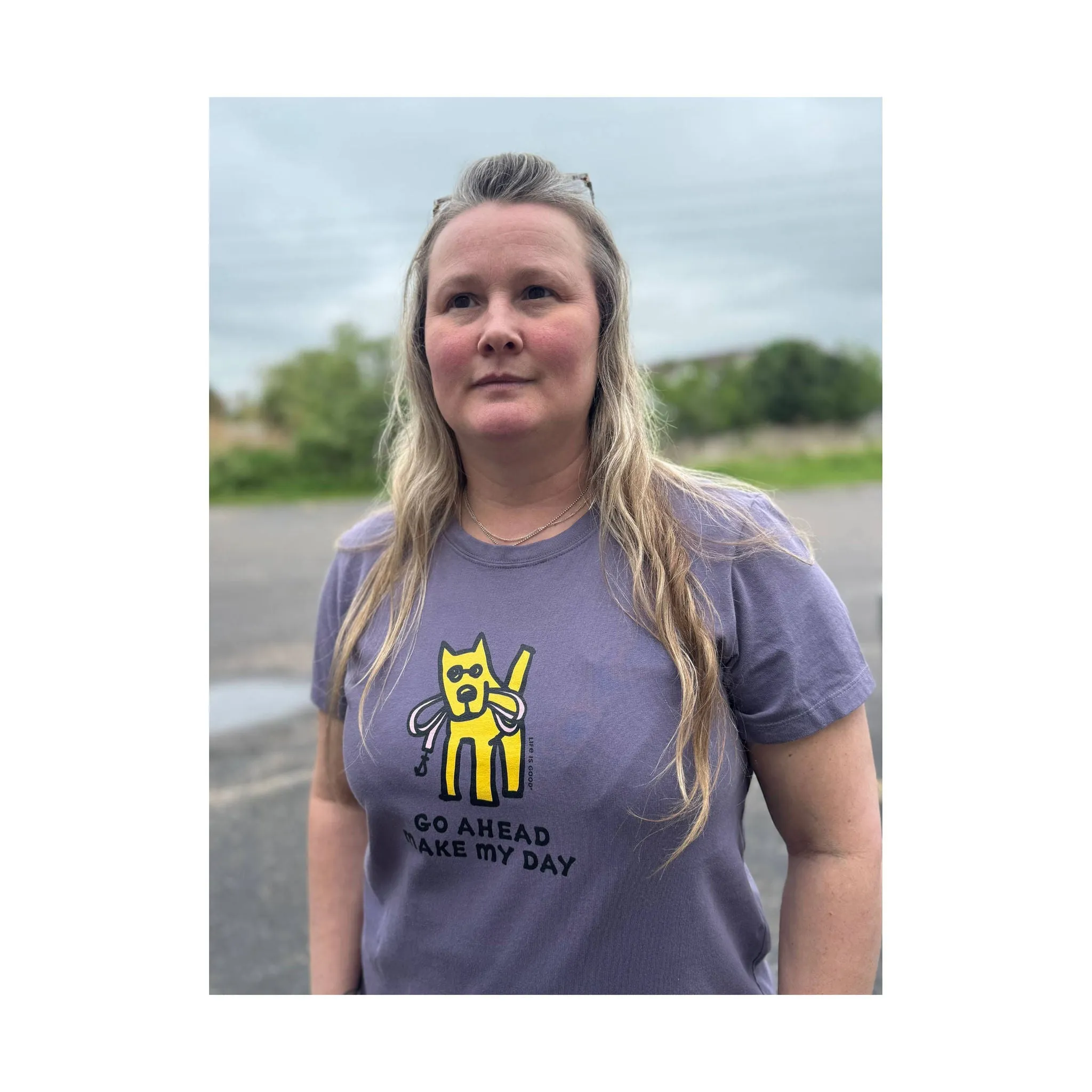 Life Is Good Women's Go Ahead Make My Day Short Sleeve Crusher Tee - Dusk Purple Water Repellent Finish