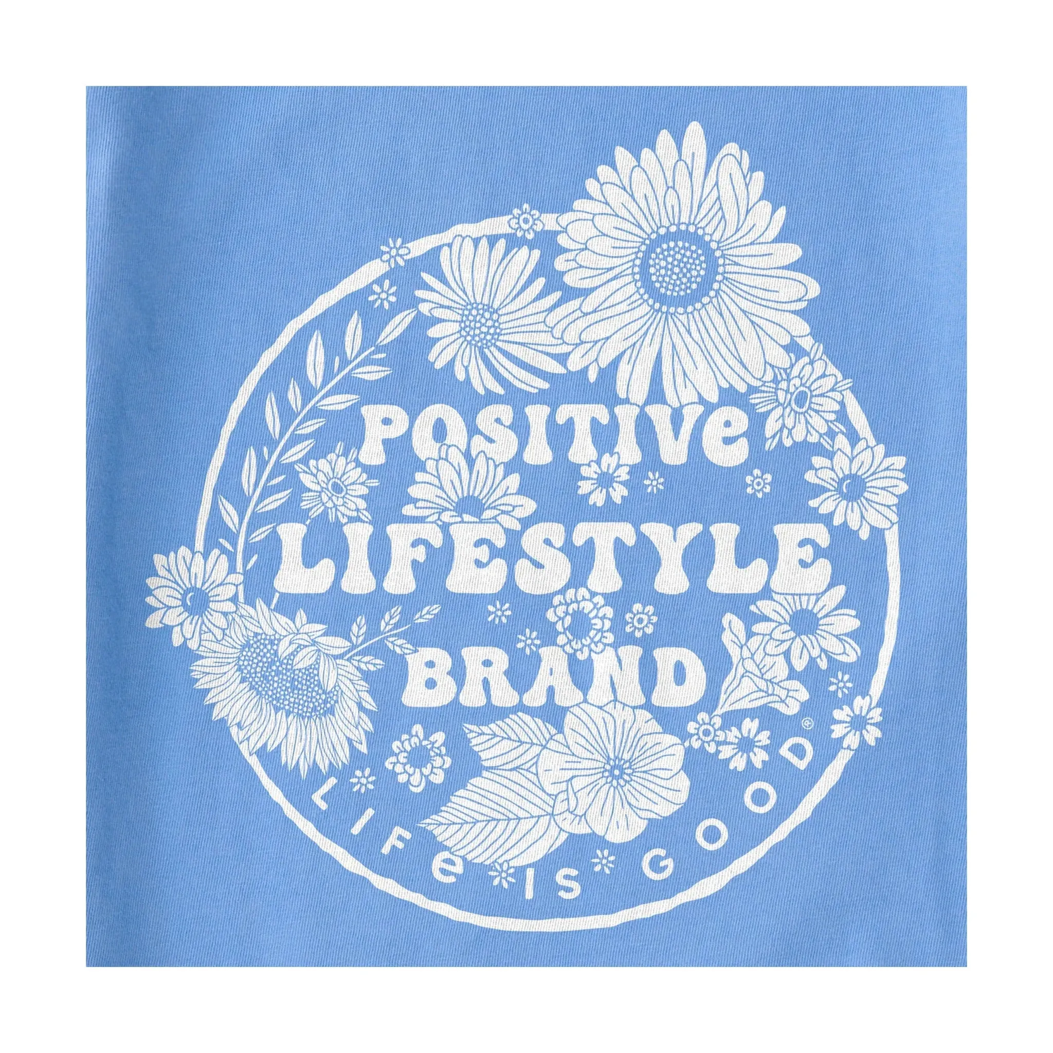 Life Is Good Women's Positive Flowers Short Sleeve Crusher Tee - Cornflower Blue Soft Touch Blend WaterRepellent Finish