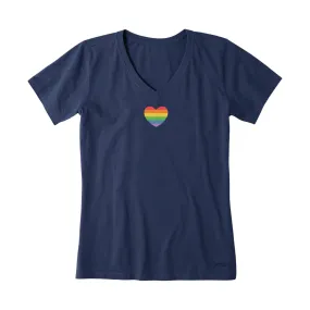 Soft Brushed Lining Airflow Mesh Panel Life Is Good Women's Rainbow Pride Heart Short Sleeve Vee - Darkest Blue