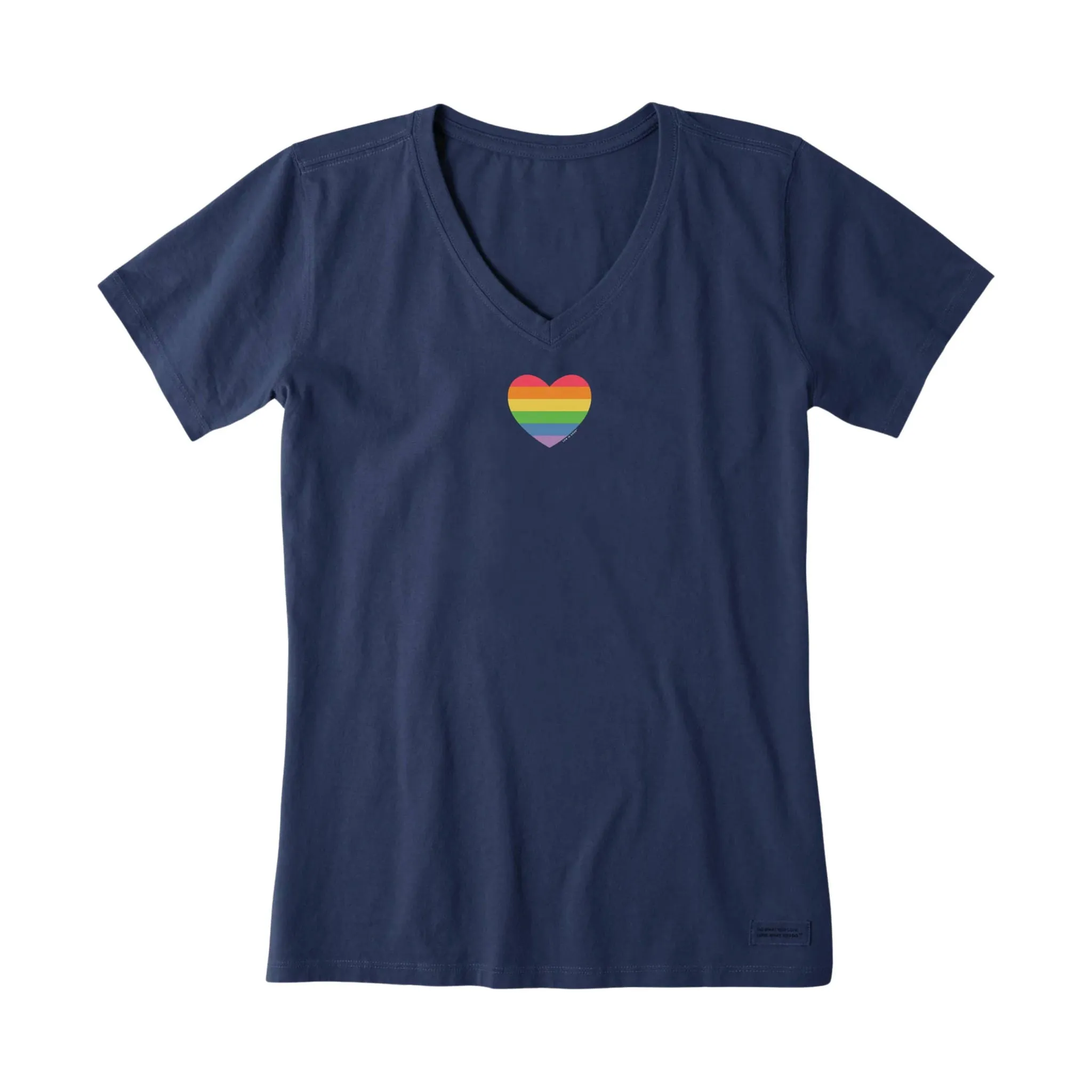 Soft Brushed Lining Airflow Mesh Panel Life Is Good Women's Rainbow Pride Heart Short Sleeve Vee - Darkest Blue