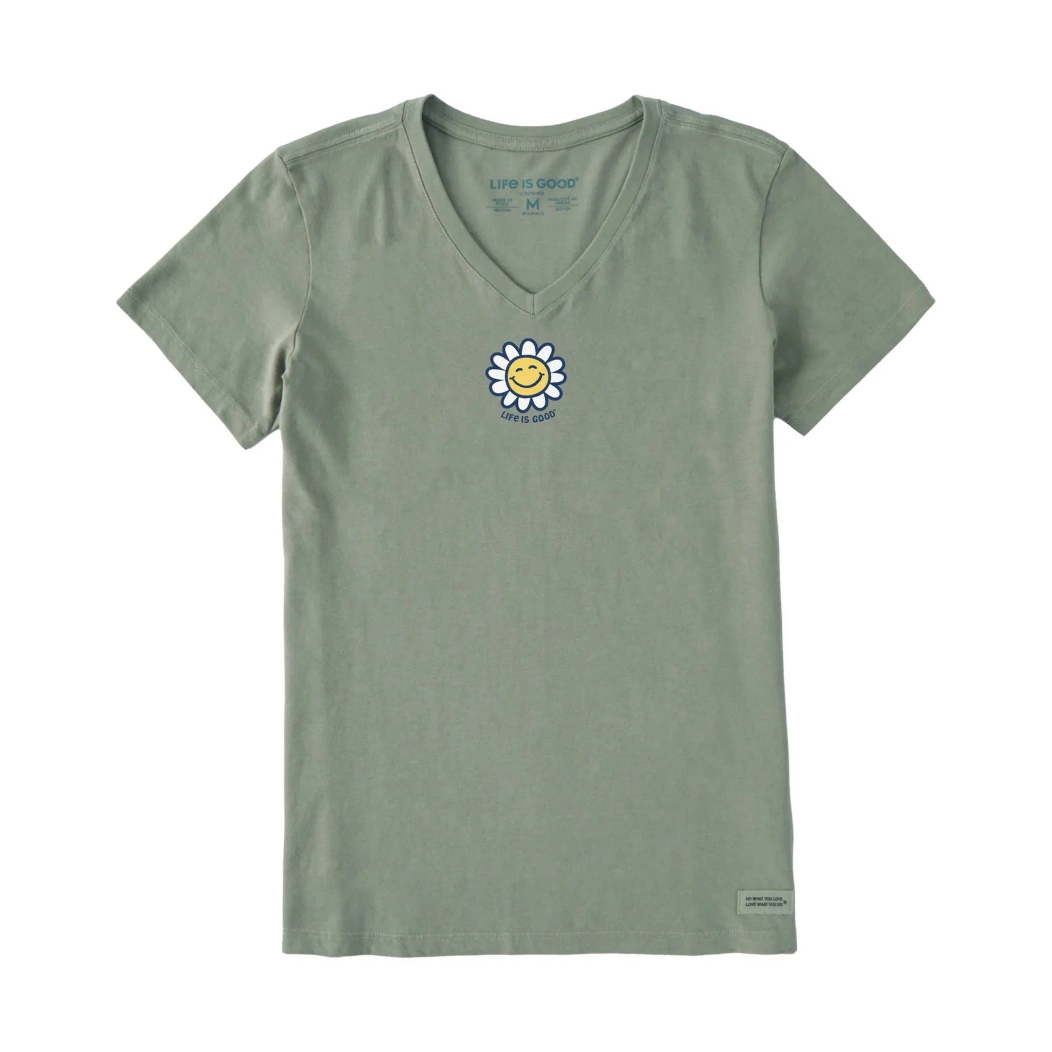 Life Is Good Women's Smile Daisy Short Sleeve Crusher Vee - Moss Green PreShrunkFabric
