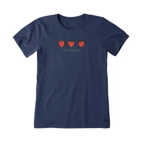 Life Is Good Women's Three Strawberries Short Sleeve Crusher Tee - Darkest Blue Airflow Optimized Weave