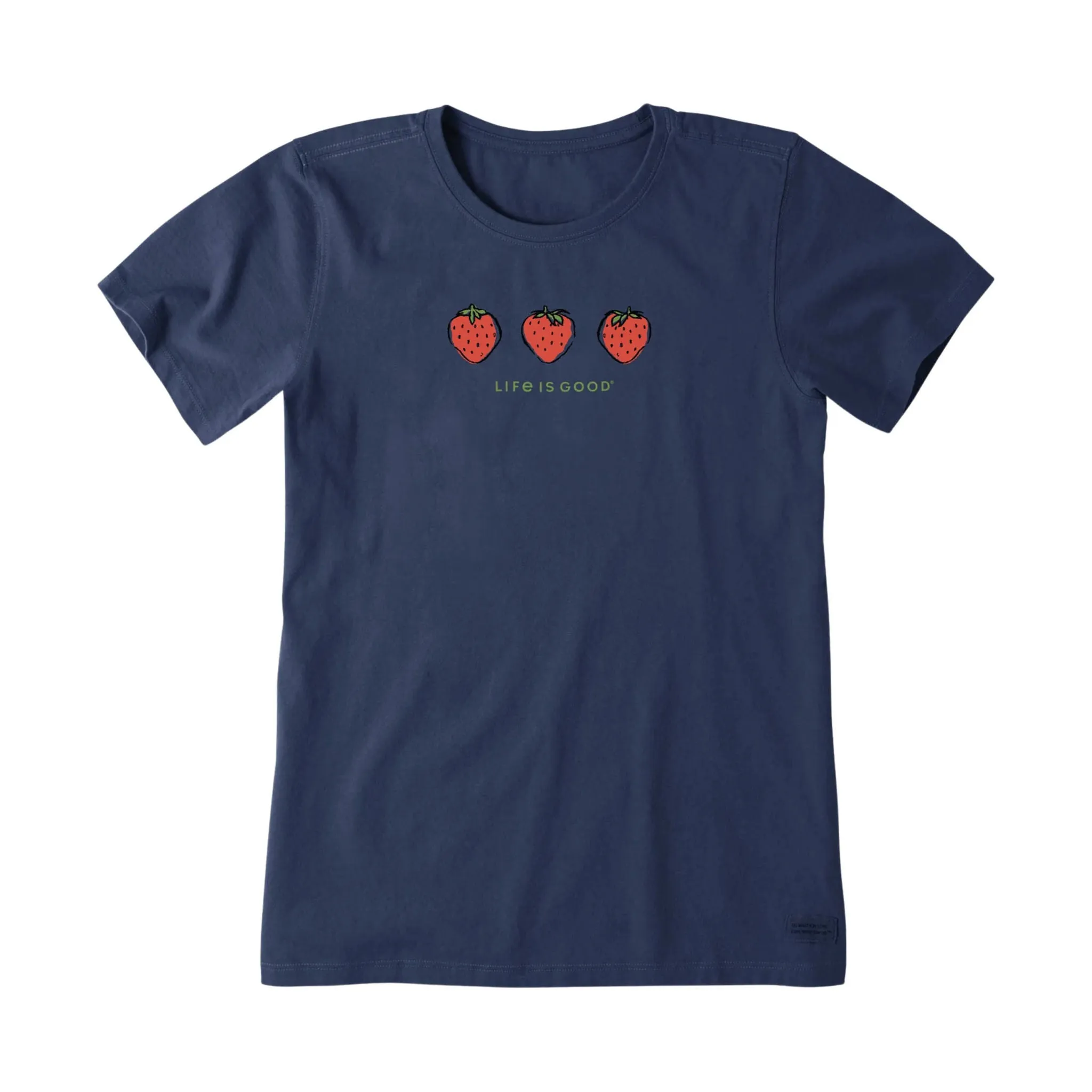 Life Is Good Women's Three Strawberries Short Sleeve Crusher Tee - Darkest Blue Airflow Optimized Weave