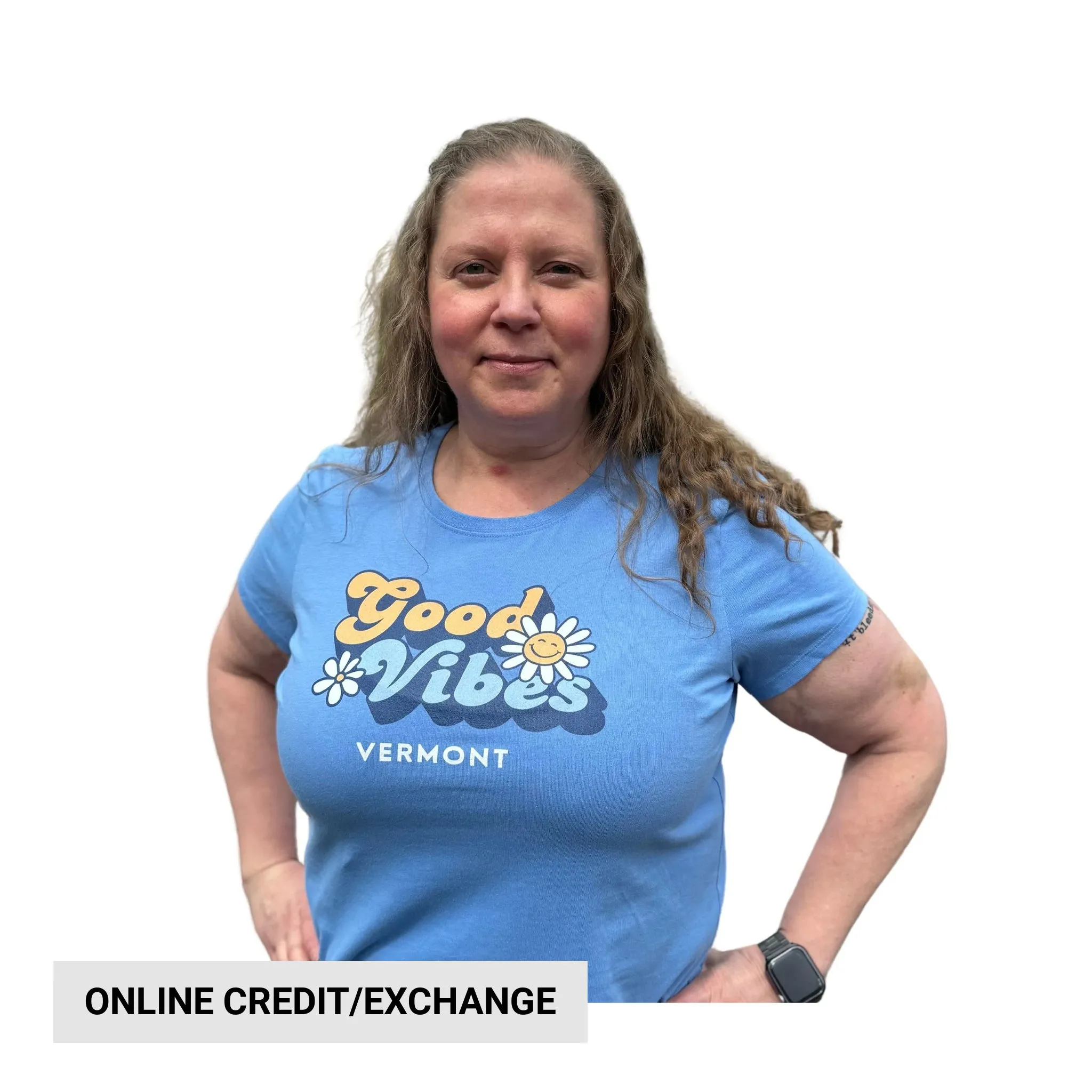 LowMaintenanceMaterial Minimalist Styling Life Is Good Women's Vermont Exclusive Groovy Tee - Cornflower Blue