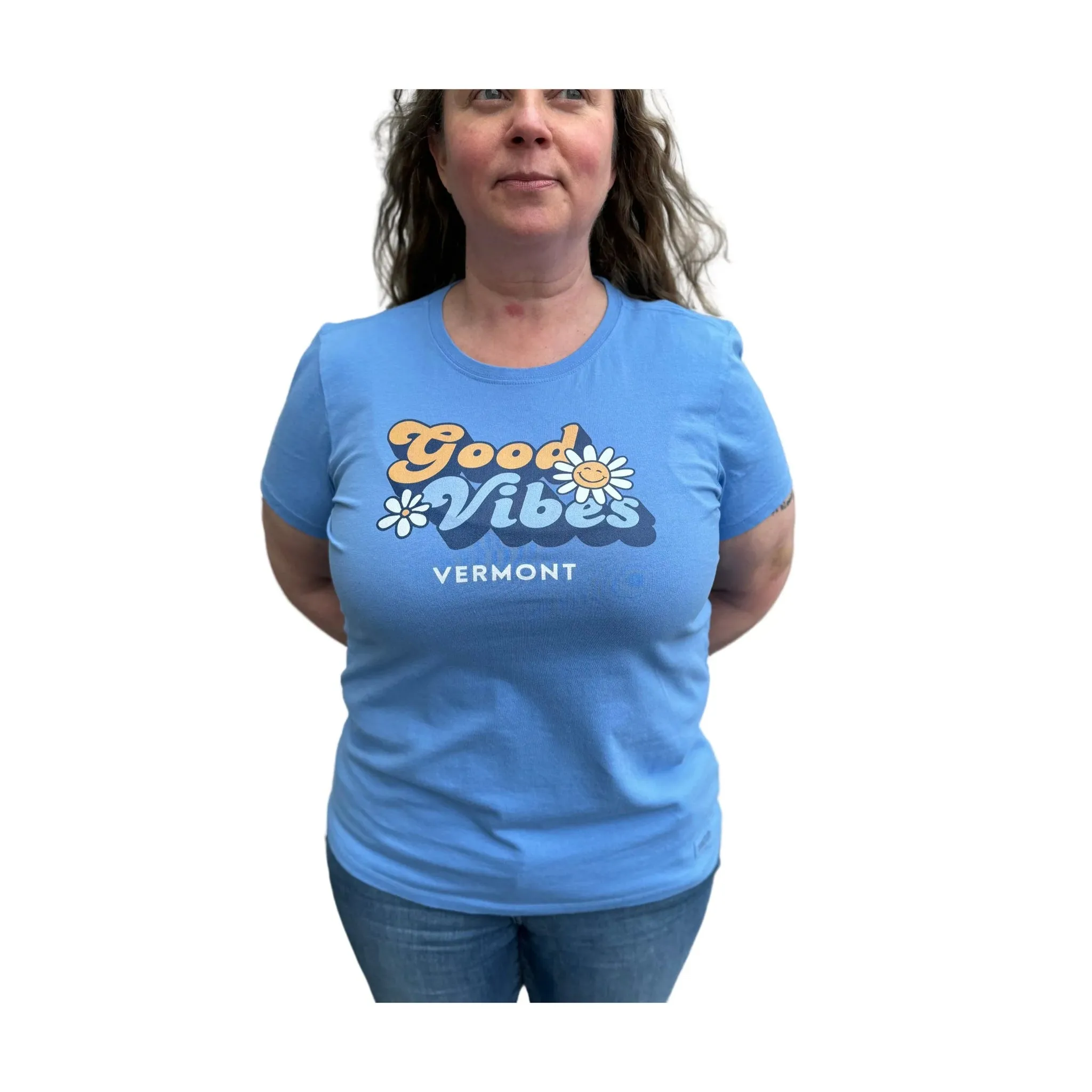 Eco Dye Process TemperatureRegulating Fabric Life Is Good Women's Vermont Exclusive Groovy Tee - Cornflower Blue