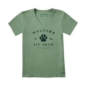 WrinkleResistantFinish Life Is Good Women's Welcome to the Sit Show Short Sleeve Crusher Vee - Granite Green