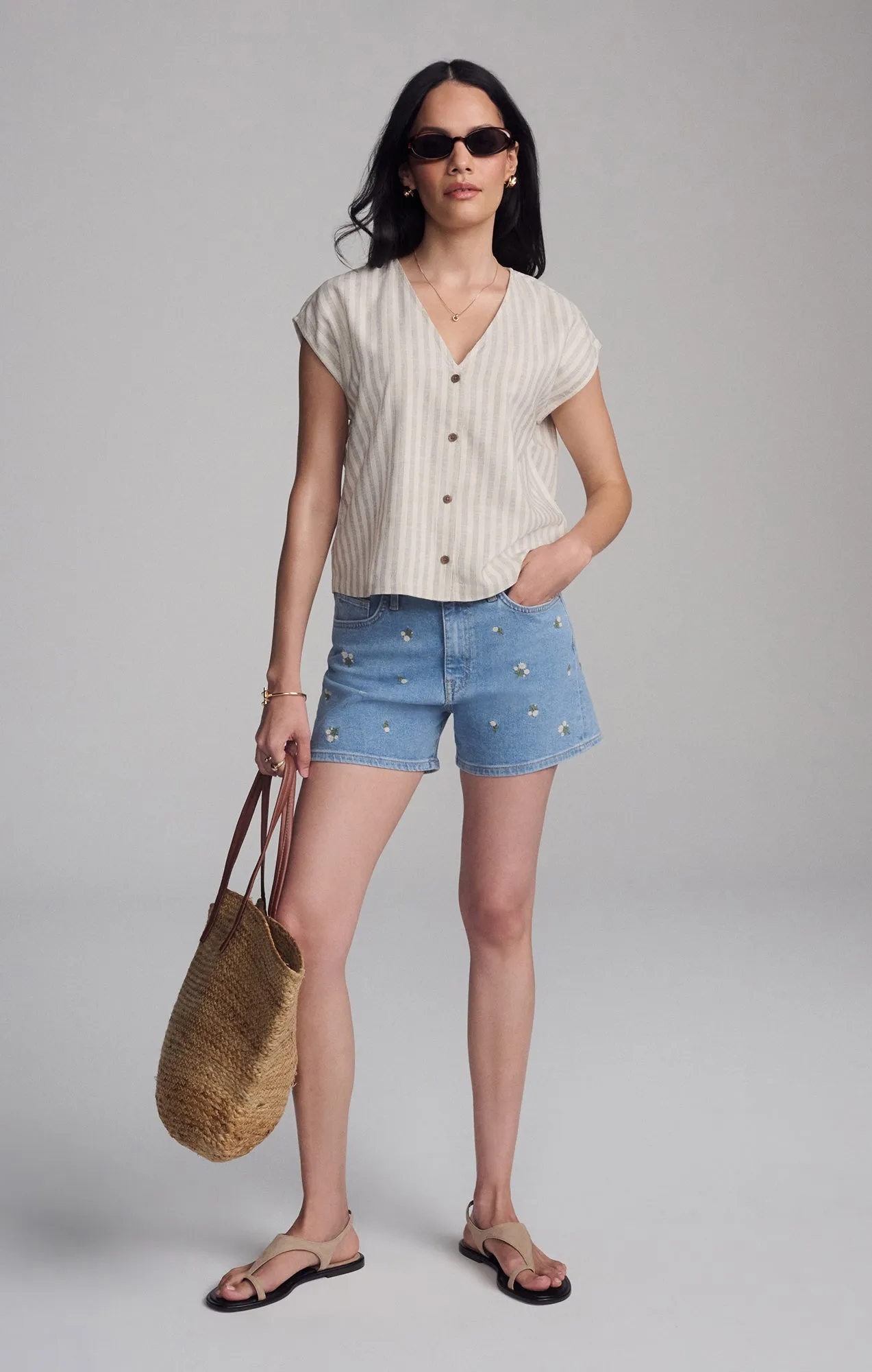 No Chafe Edging Multi Layer Stitching V-NECK SHORT SLEEVE BUTTON SHIRT IN BLACK STRIPE