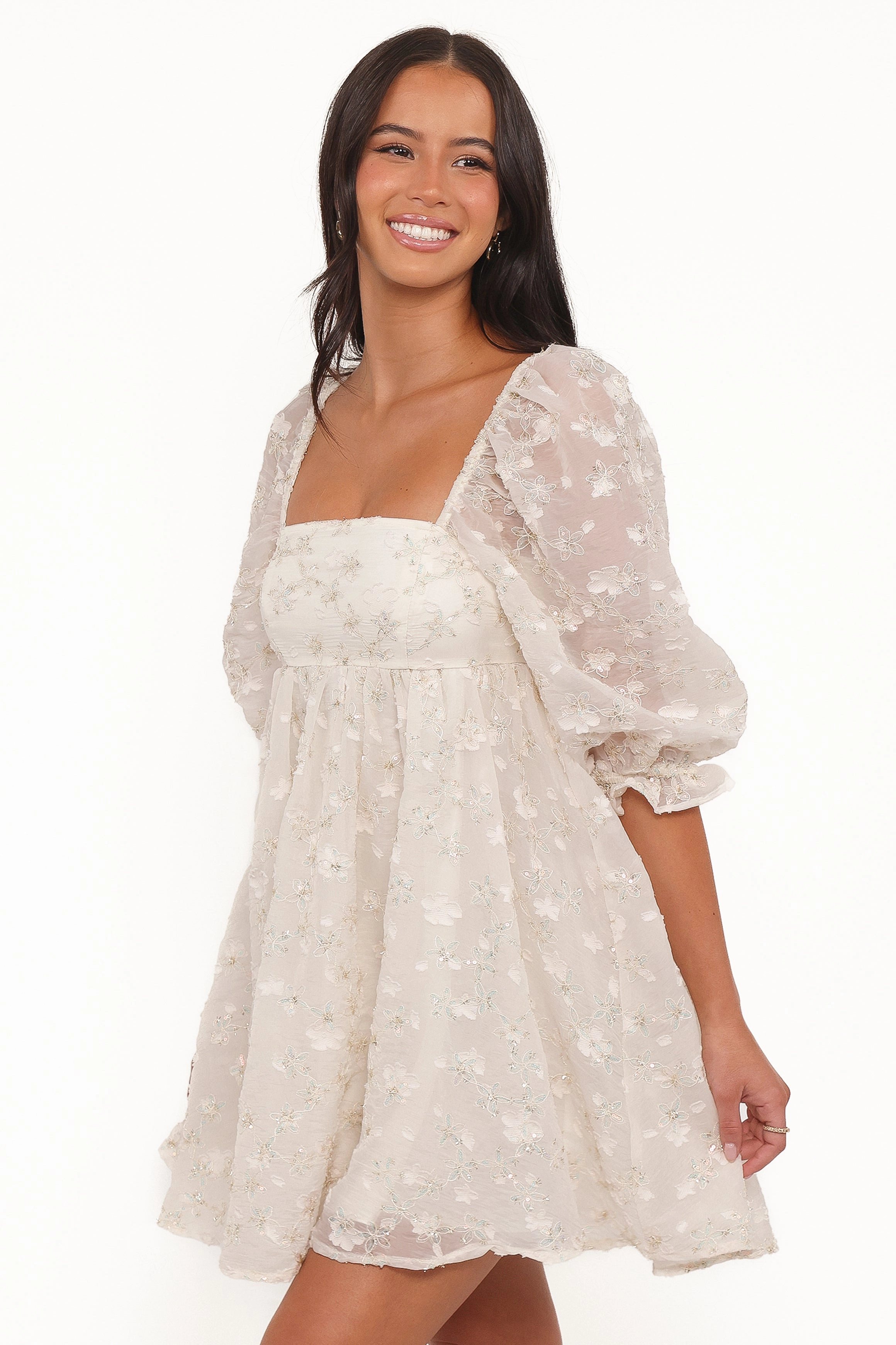 Empire Waist slim fit Lillan Mini Dress - Ivory Sequin